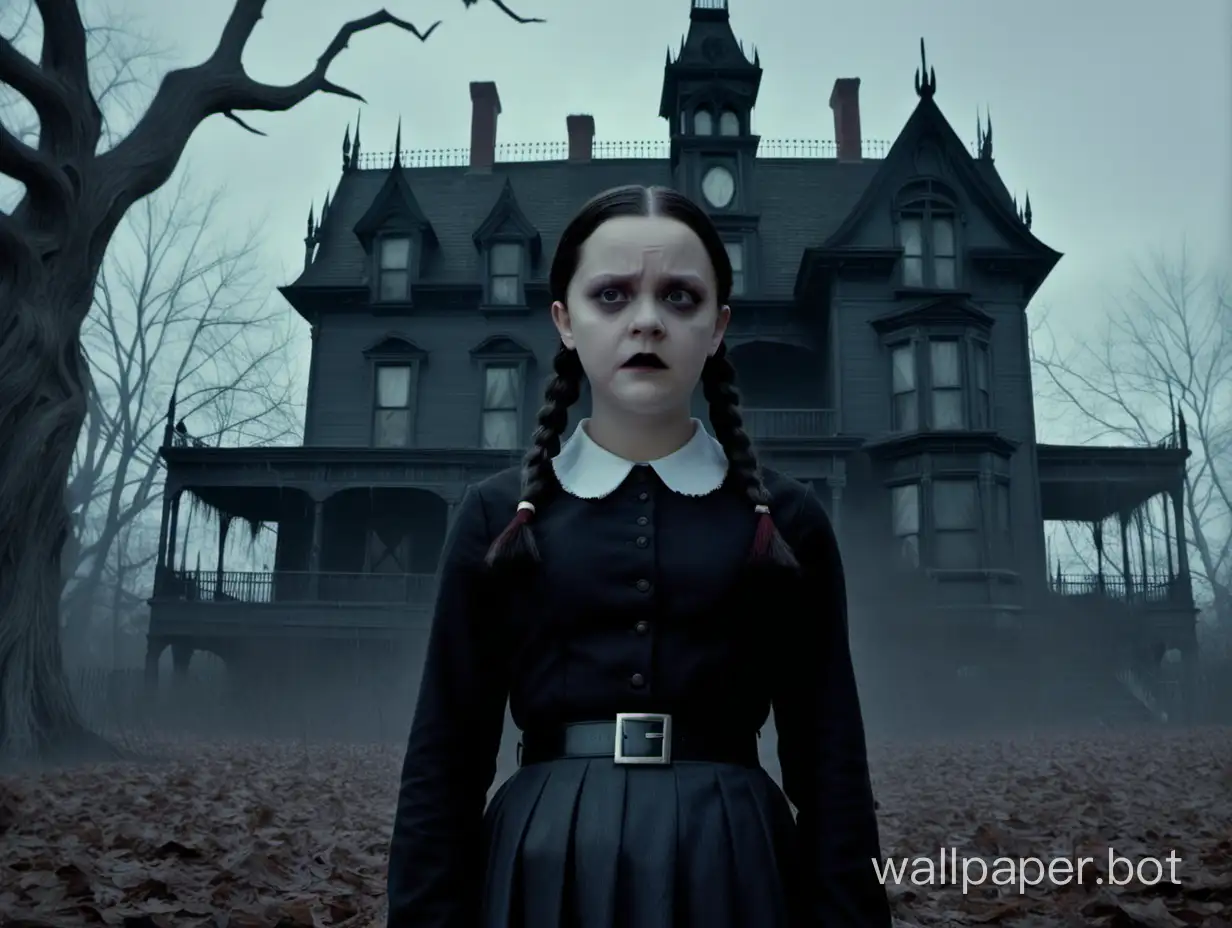 In the background is a creepy derelict haunted mansion on a dark dreary overcast day, Wednesday Addams stands in the foreground looking quite sinister and dour, dressed in black.