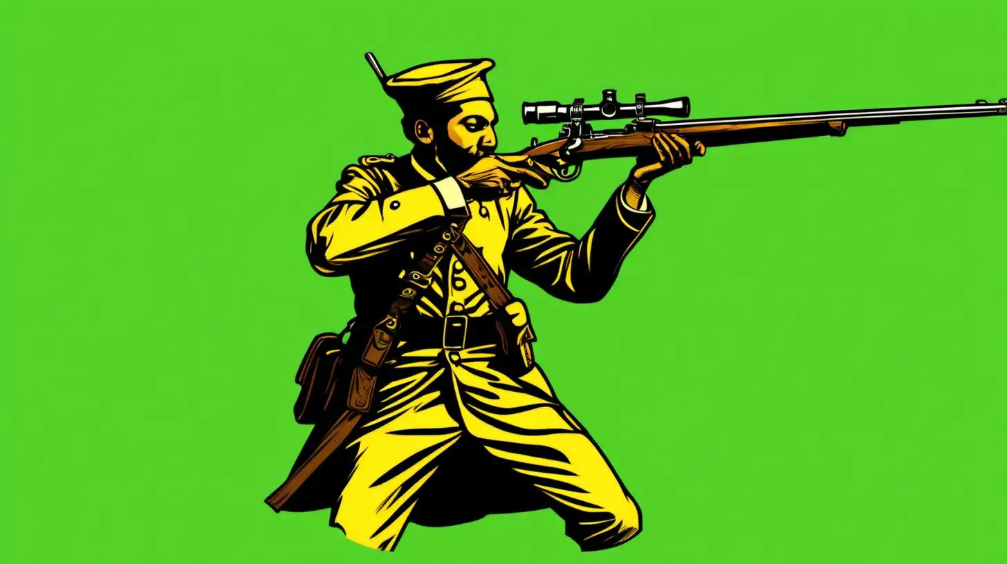 19th Century Muslim Soldier in Dark Yellow Uniform Shooting with Muzzle ...