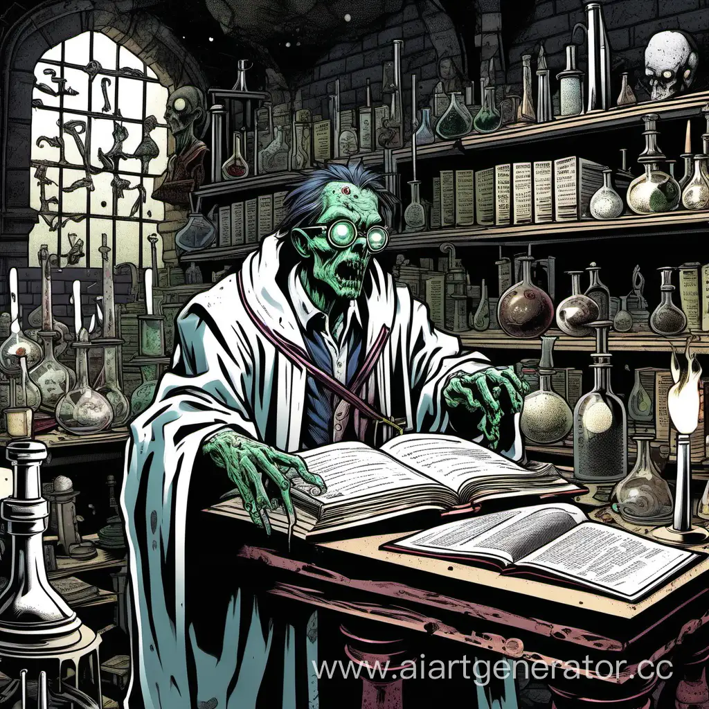 зомби в очках и мантии читает книгу в алхимической лаборатории