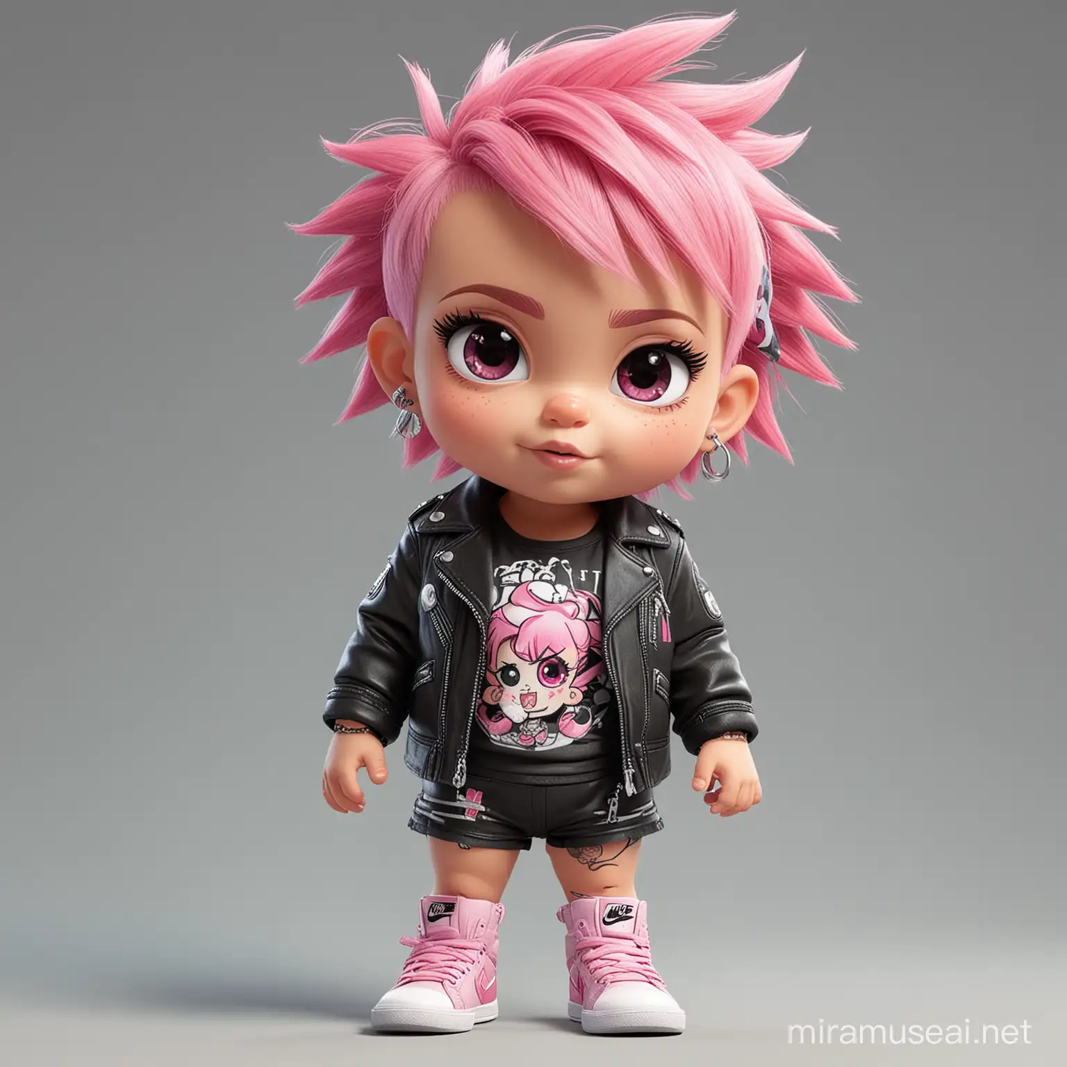 4k Cute cartoon baby punk with pink crest hair and piercing wearing leather jacket and diaper and nike sneakers