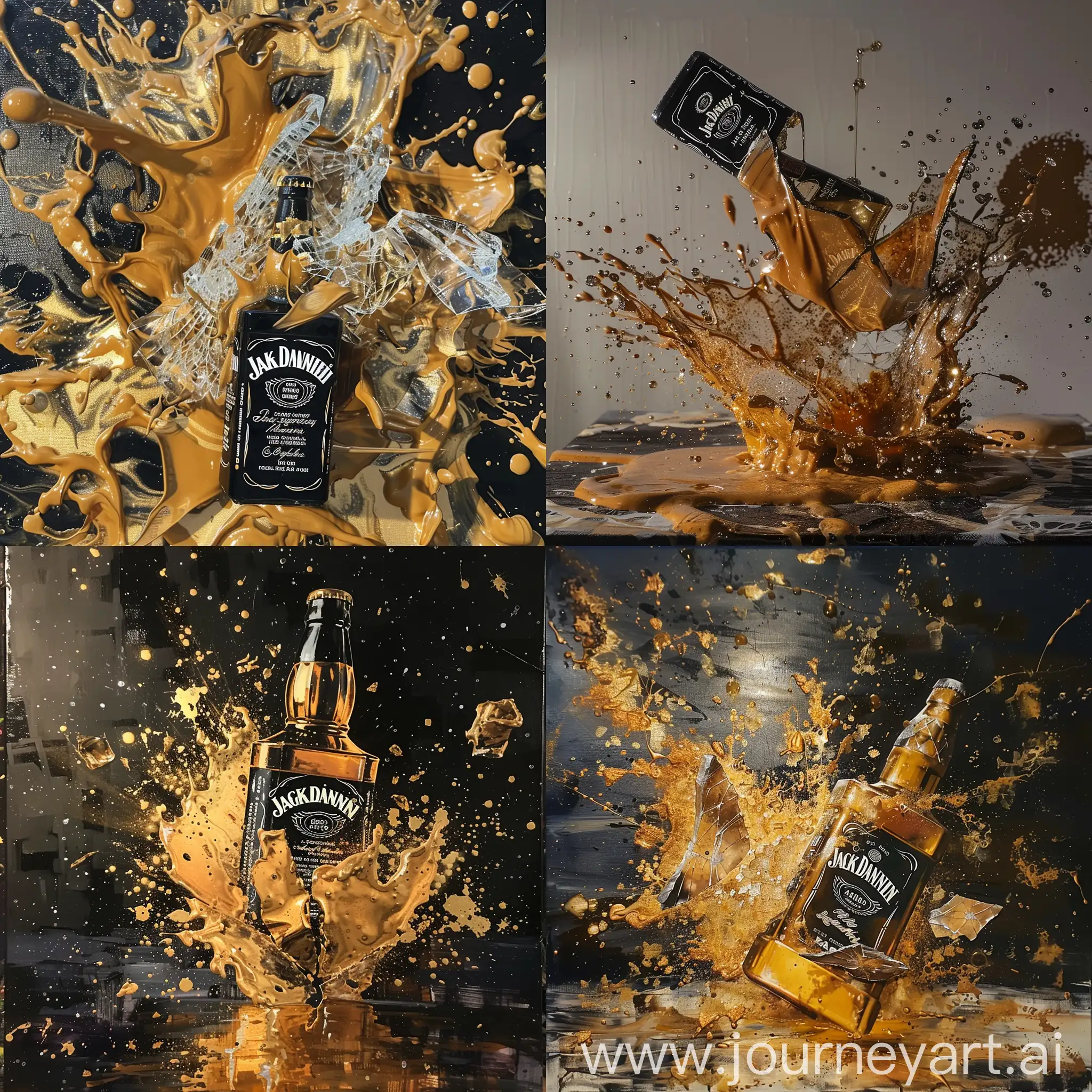 A broken jack daniels bottle, being thrown on a canvas, filled with golden epoxy