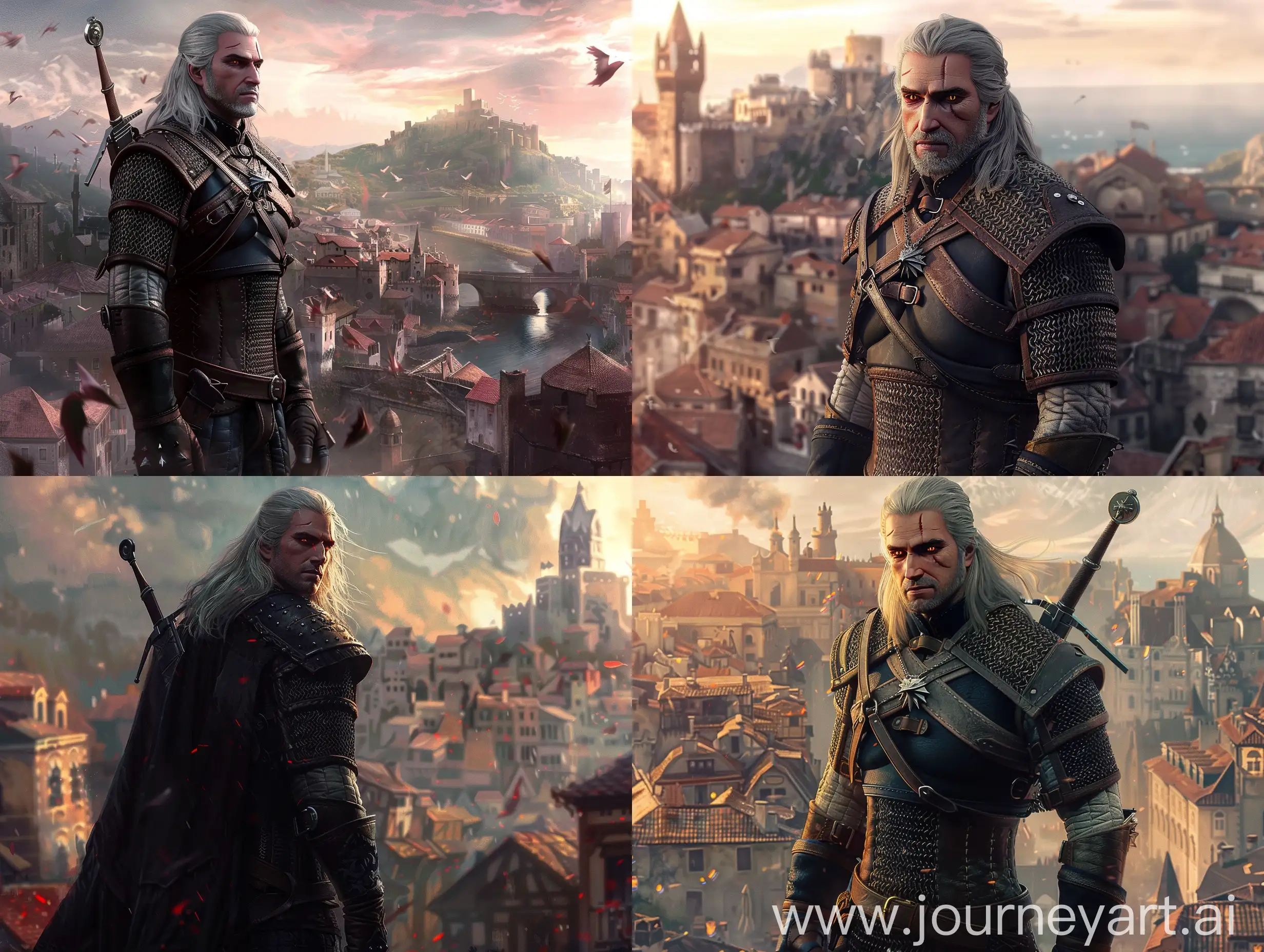 Realistic-Witcher-Geralt-Standing-Tall-in-Detailed-City-Background