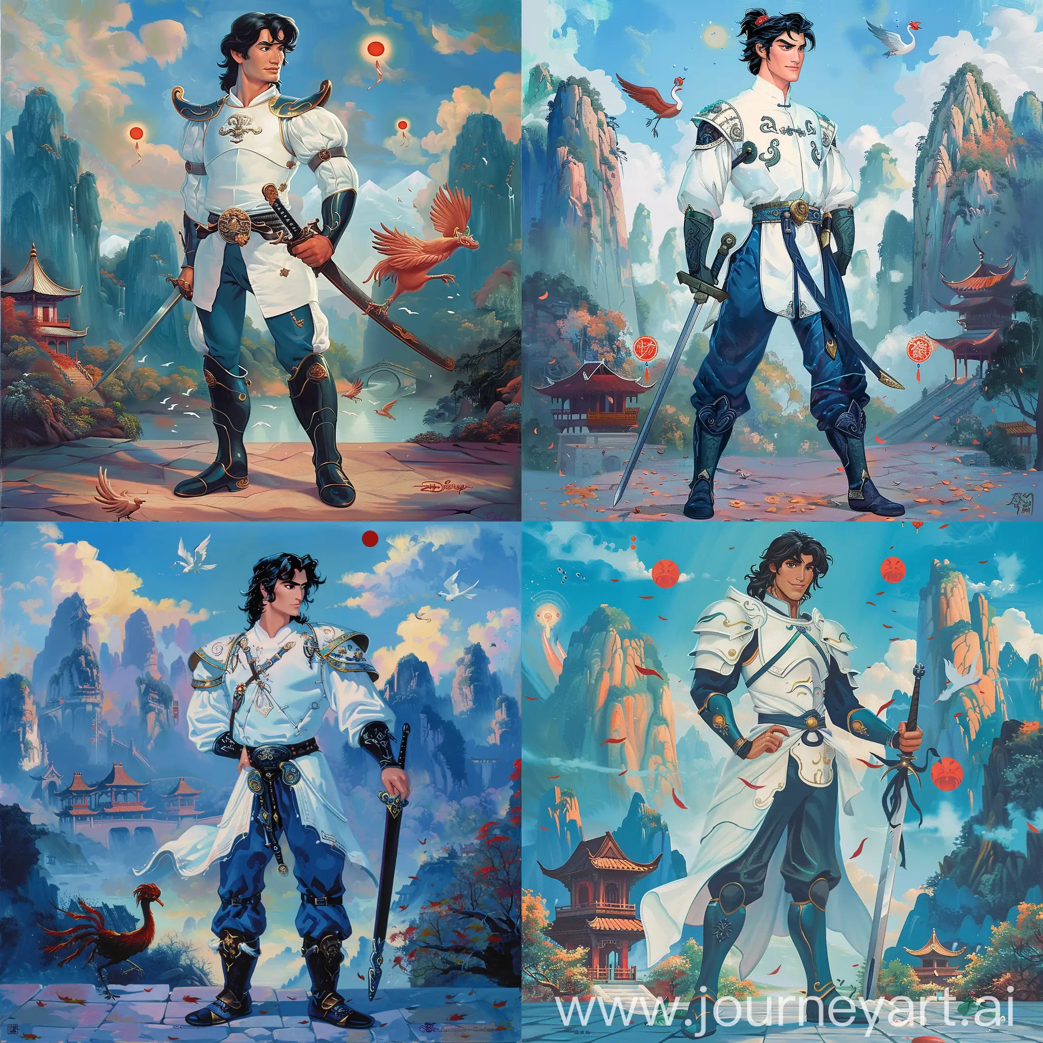 Historic painting style:

a Disney handsome Danish Prince Eric, from Little Mermaid cartoon, with black hair, he wears white and dark azure color Chinese style medieval armor, dark azure pants and boots, he holds a Chinese sword in right hand, 

Chinese Guilin mountains and temple as background, small phoenix and three small red suns in blue sky.