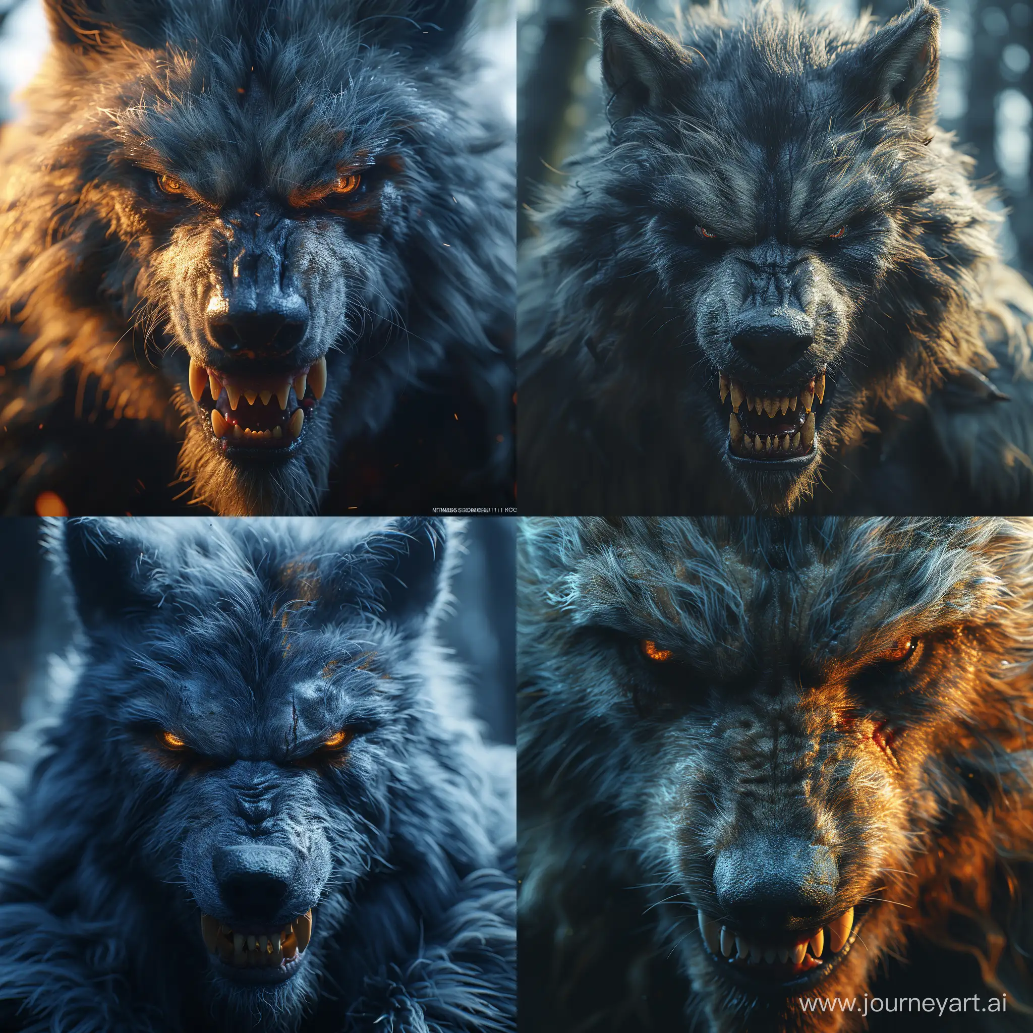 Hyper detailed portrait of a terrifying werewolf with Fearsome detailed fangs and frightening detailed eyes, long fur, Cinematic lighting, Volumetric lighting, Epic composition, perfect composition, Photorealism, Bokeh blur, hyper detailed, Character design, Unreal Engine, Octane render, HDR, Subsurface scattering, shot on Hasselblad H4D 200MS Digital Camera, Mitakon Speedmaster 65mm f/1. 4 XCD, Fresnel lighting --stylize 750 --v 6