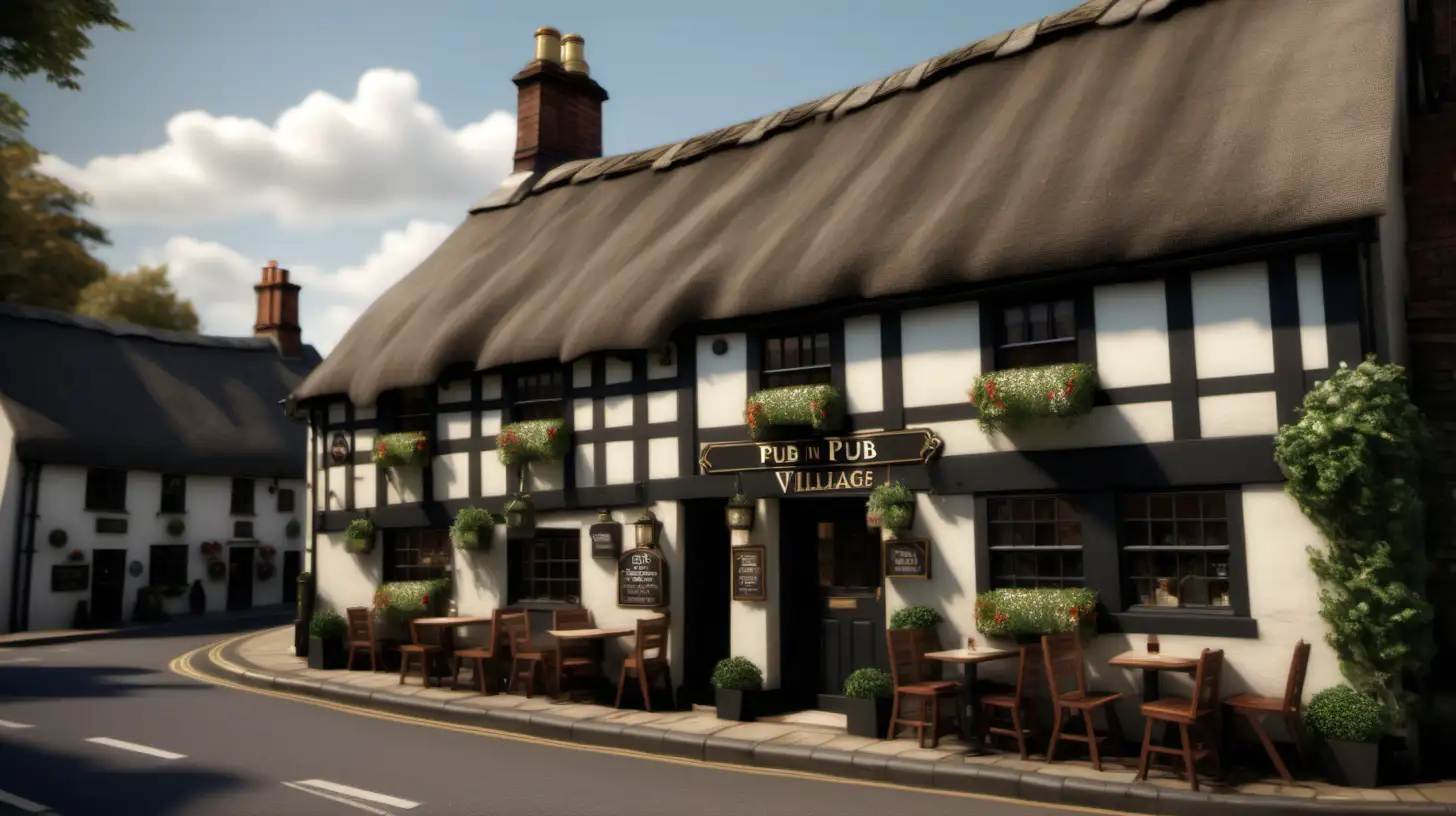 Pub in a cute English Village. Ultra realistic. Street level Shot.