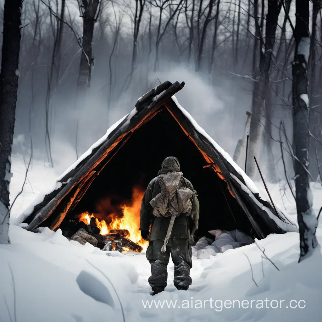 Survival, mann von hinten, winterlich. Shelter. Feuer, bundesheer