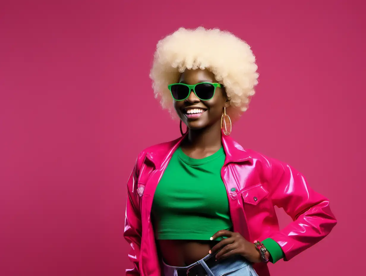 Beautiful smiling African lady, blonde afro wig, wearing GREEN t shirt,  hot pink jacket, white sunglasses, dark green background