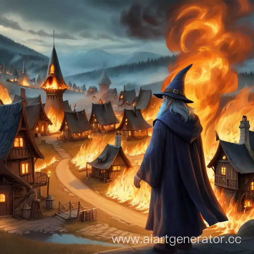 колдун смотрит на горящюю деревню