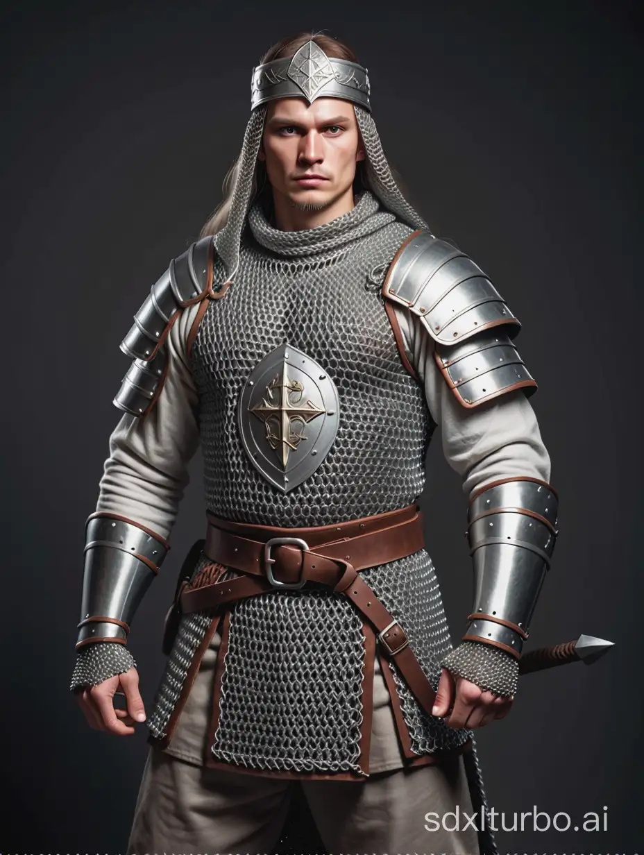 Русский Славянский воин, у него видно туловище и руки, в кольчуге, на однотонном фоне