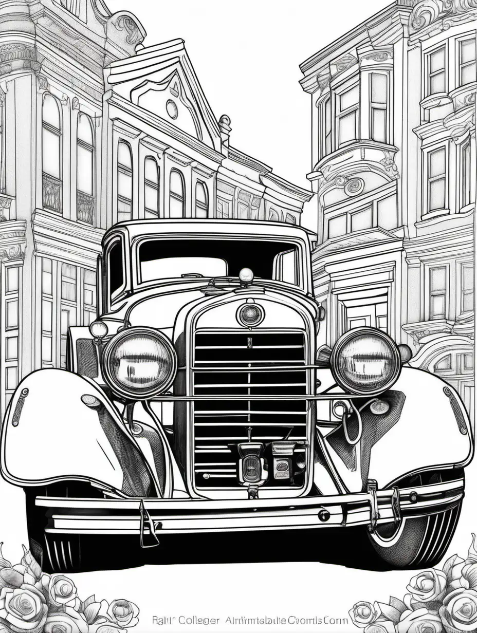create  collectable antique cars coloring book pages, no shadows or shading

