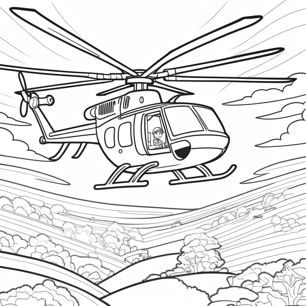 colouring page for .   "  boy  as main "    flying inside , helicopter ,
cartoon style , thick lines , low detail , no shading --r 911