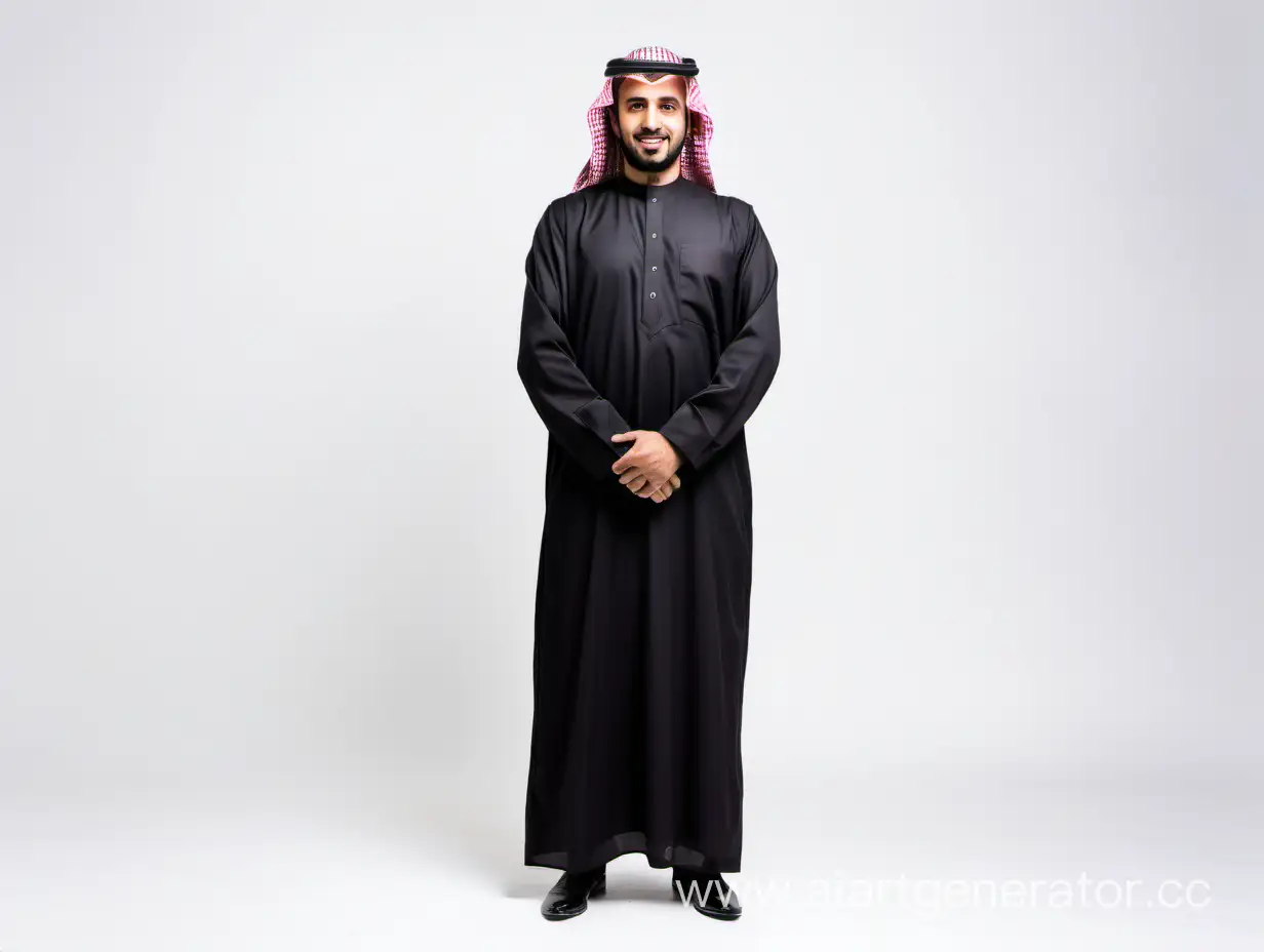 A businessman in a black thobe from Saudi Arabia in full length on a white background