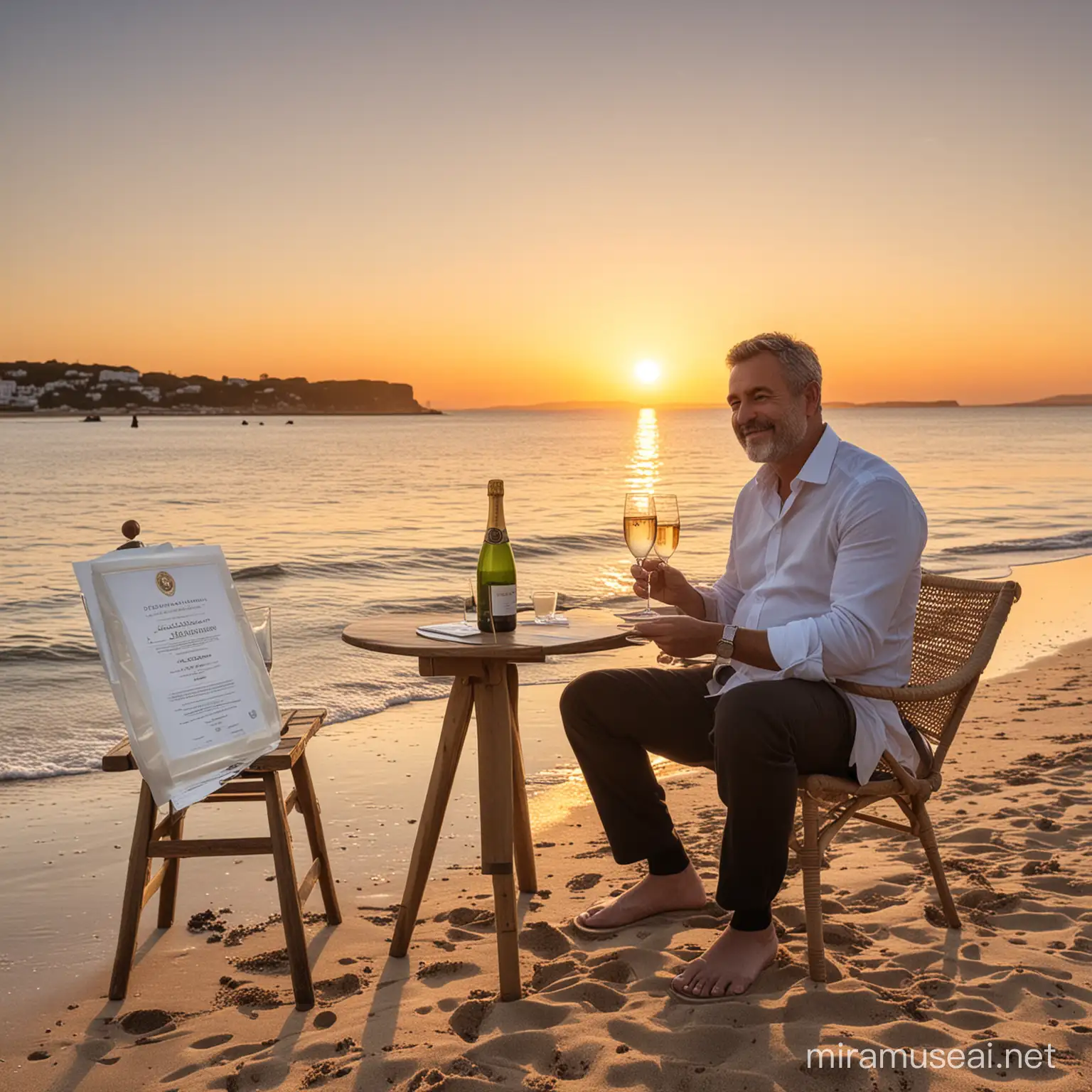 A serene scene by the waterfront featuring a bottle of champagne next to two crystal champagne glasses. A handsome middle-aged man is seated beside them, holding a real ChatGPT certificate. The sun sets magnificently in the background, casting a warm glow over the calm waters and the sandy shore
