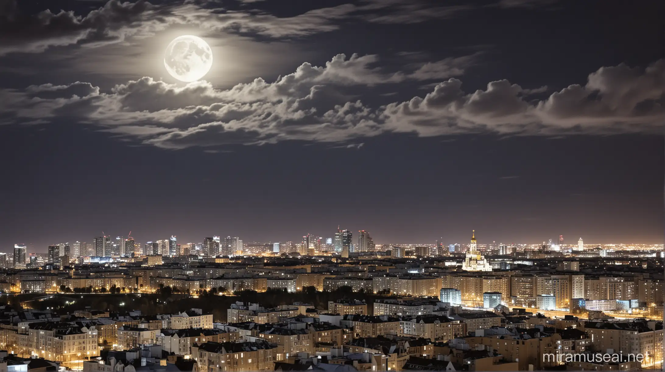 Modern Moscow at Night with Full Moon and Clouds