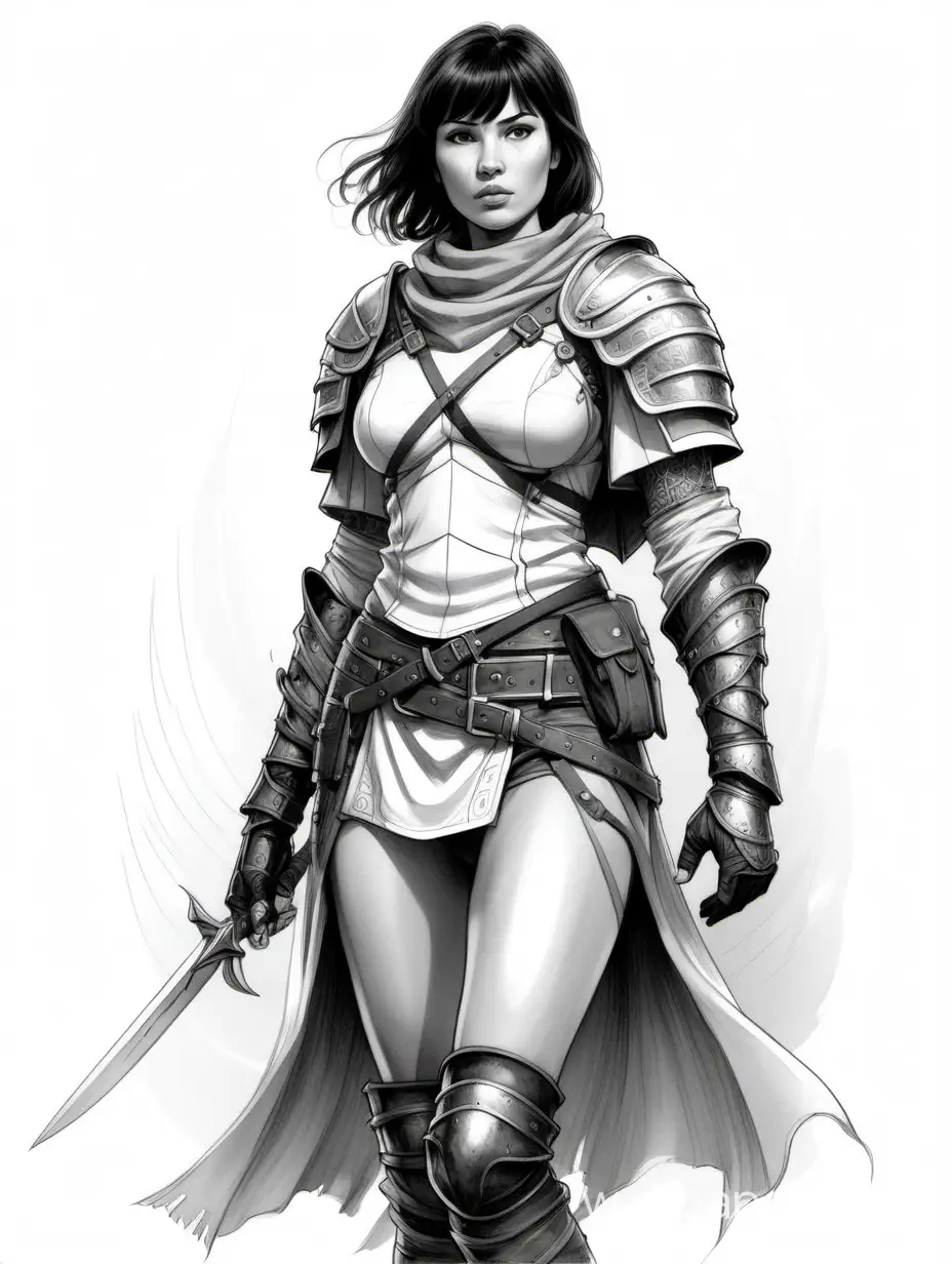 Young girl, Katarina Neumann. Short dark hair with bangs. Slavic revealing armor. Large breasts. Narrow sculpted waist. Wide hips. Adventurer healer. Black and white sketch. White background. Knee-length view. Style Julia Bell