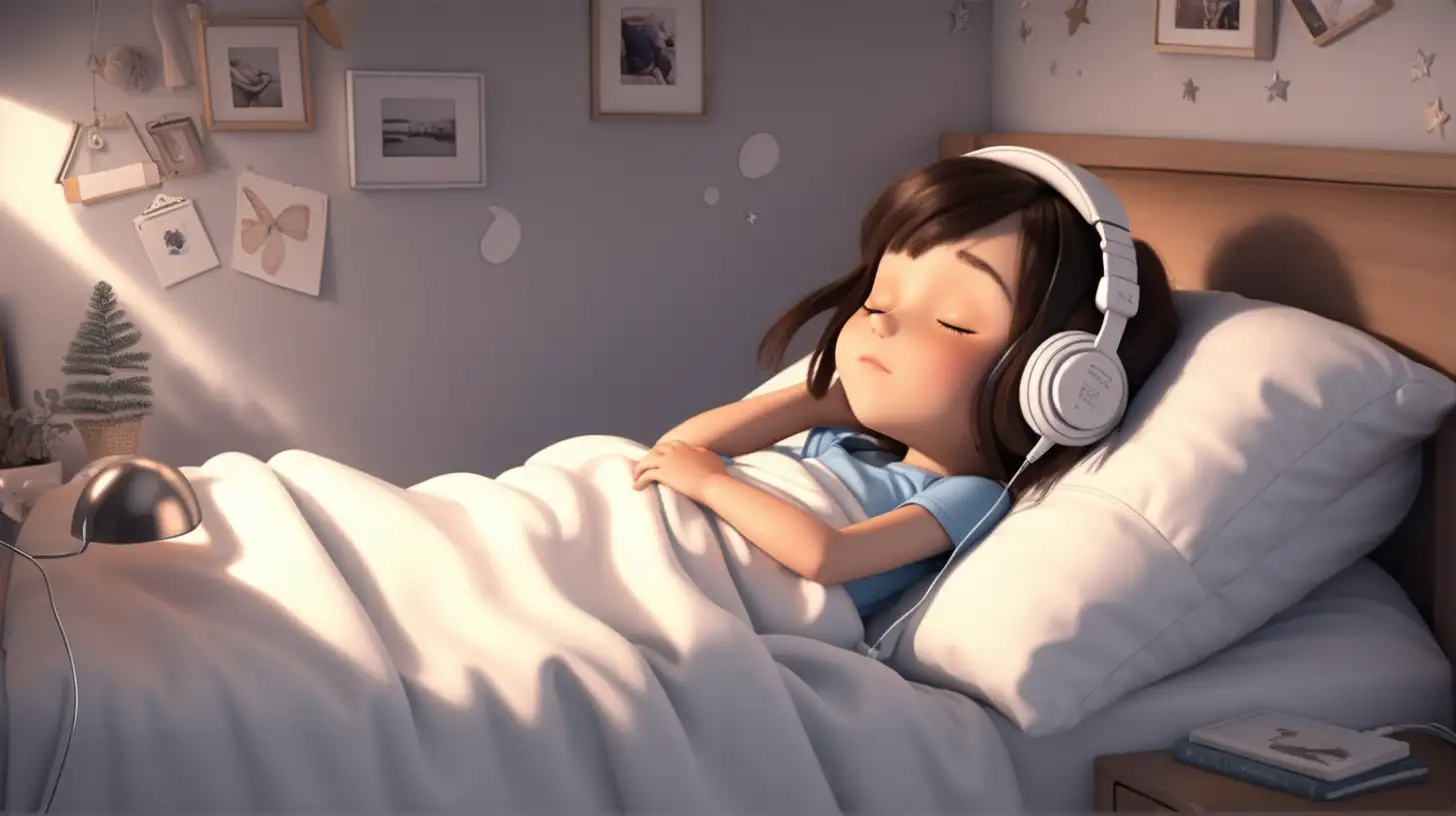 Animated girl sleeping with headphones in bed angle is from ceiling