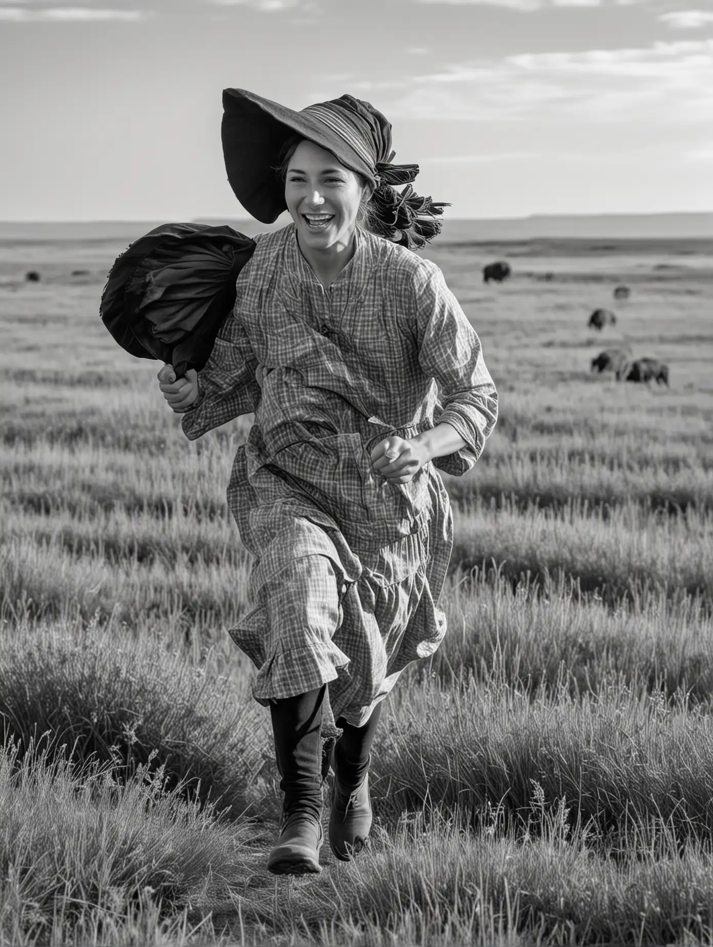 Pioneer Woman Running Across the Prairie with Buffalo in the Background