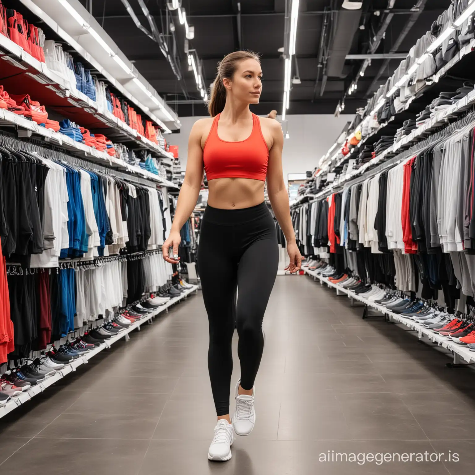 Thirty years old female in sporty outfit walking in a sport store leggings hanging everywhere