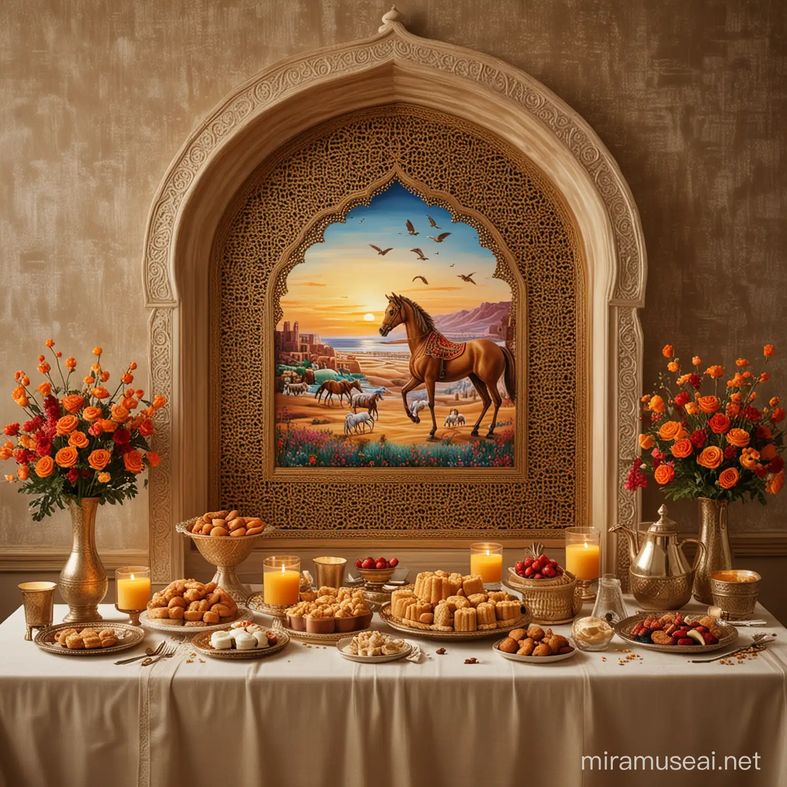 Imagine a scene capturing the essence of Eid al-Fitr, celebrated within a warmly lit, inviting space. This room, bathed in the soft, golden glow of sunset, is set for a communal feast, honoring the end of Ramadan without depicting any faces. At the heart of this gathering, a table is elegantly draped with an ornate tablecloth, brimming with traditional sweets and delicacies, symbolizing generosity and shared joy. Above this festive arrangement, the wall is adorned with a striking, intricately framed picture that serves as a window into the Moroccan Fantasia: a dynamic depiction of majestic horses and skilled riders, frozen in a moment of exhilarating performance. This artwork is a tribute to cultural heritage, blending seamlessly with the Eid celebration's spirit of unity and renewal. Around the room, decorations featuring floral motifs and traditional elements add layers of cultural richness to the setting. This tableau is crafted to evoke a sense of community, tradition, and the joyous renewal that Eid al-Fitr brings, all while respecting the privacy and universal appeal by avoiding the depiction of faces.