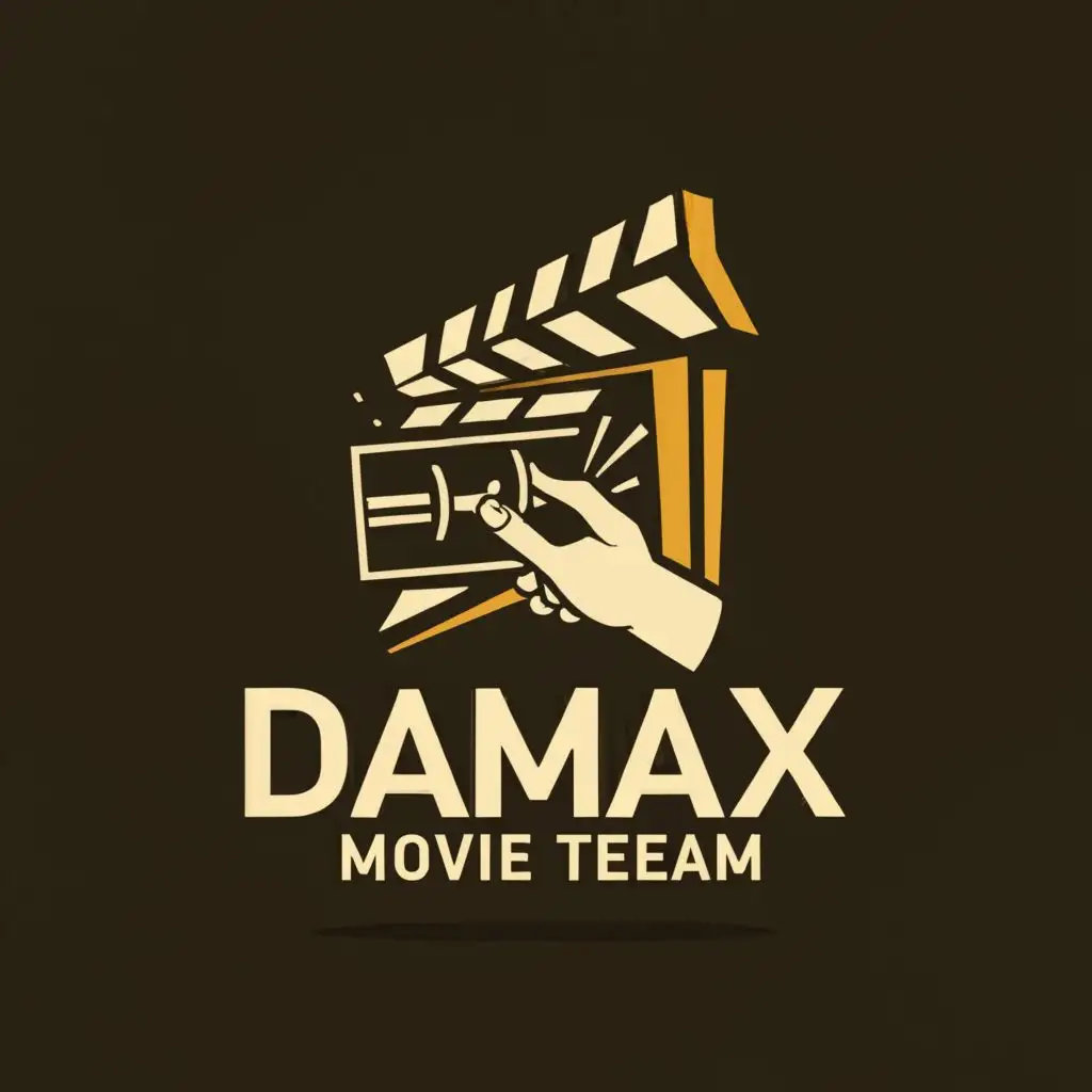 a logo design,with the text "DAMAX MOVIE TEAM", main symbol:A movie sign and hand with,Moderate,be used in Entertainment industry,clear background