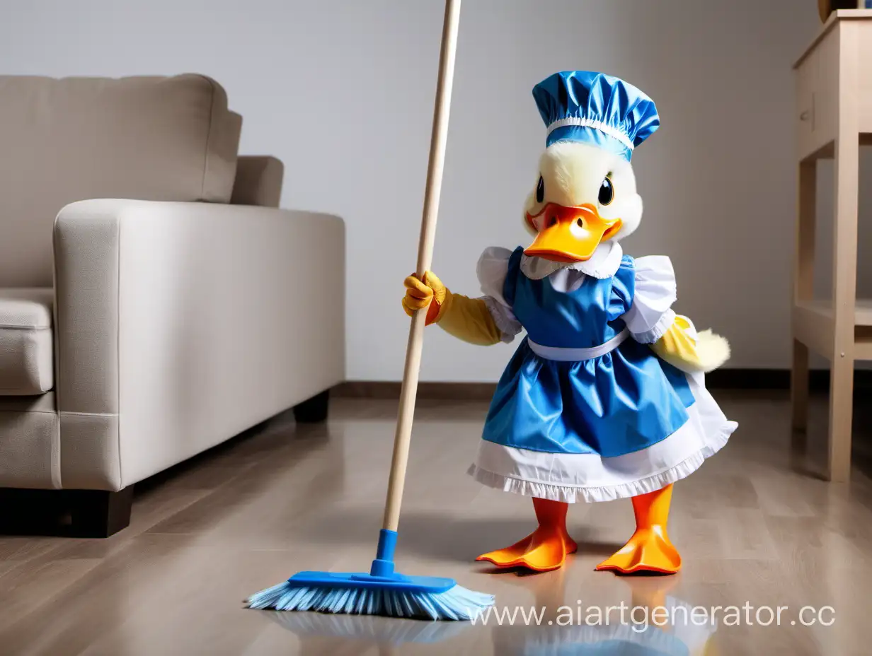 Blue-Maid-Duck-Sweeping-Floor-in-Apartment