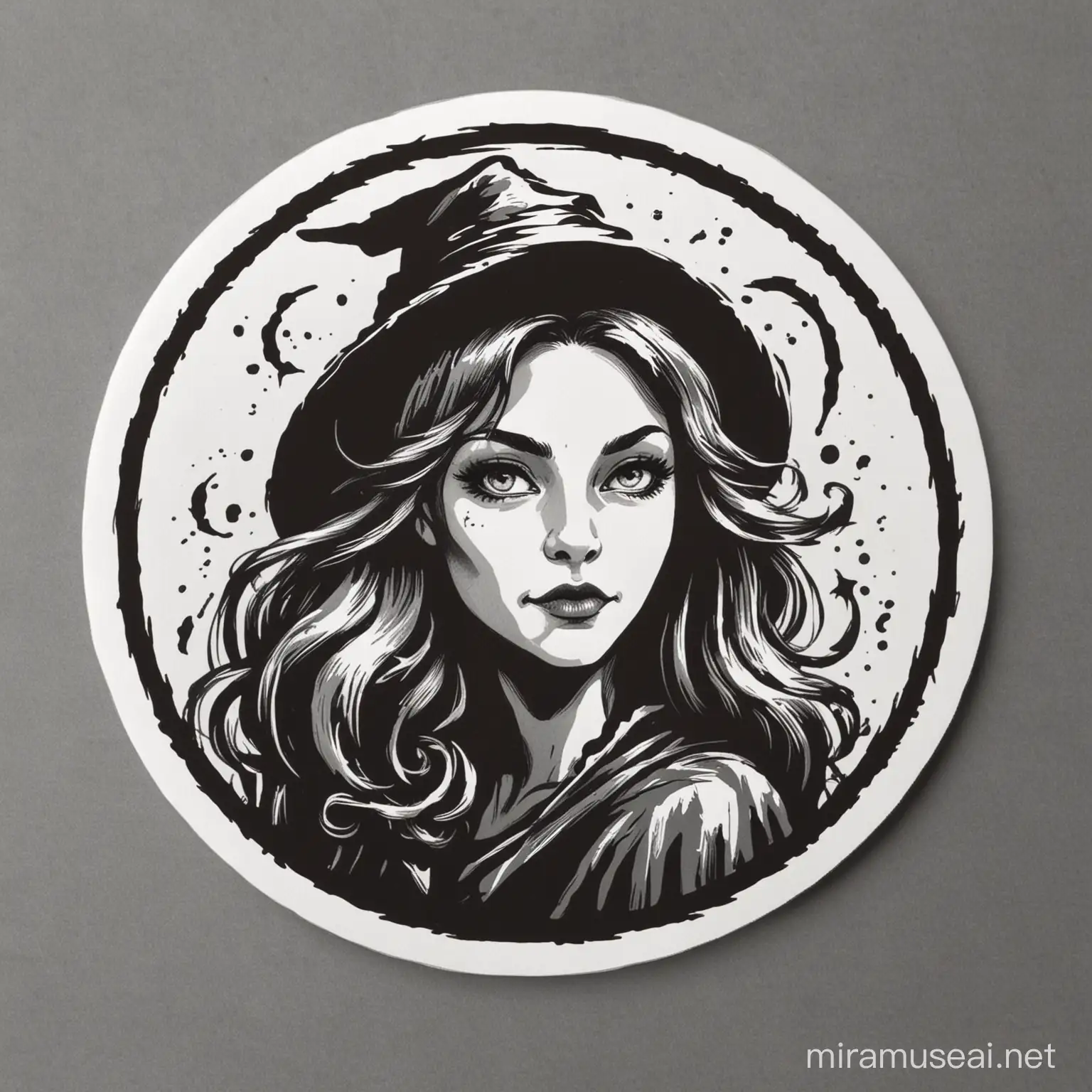 A witch, Black and white sticker, circular , logo, simplified