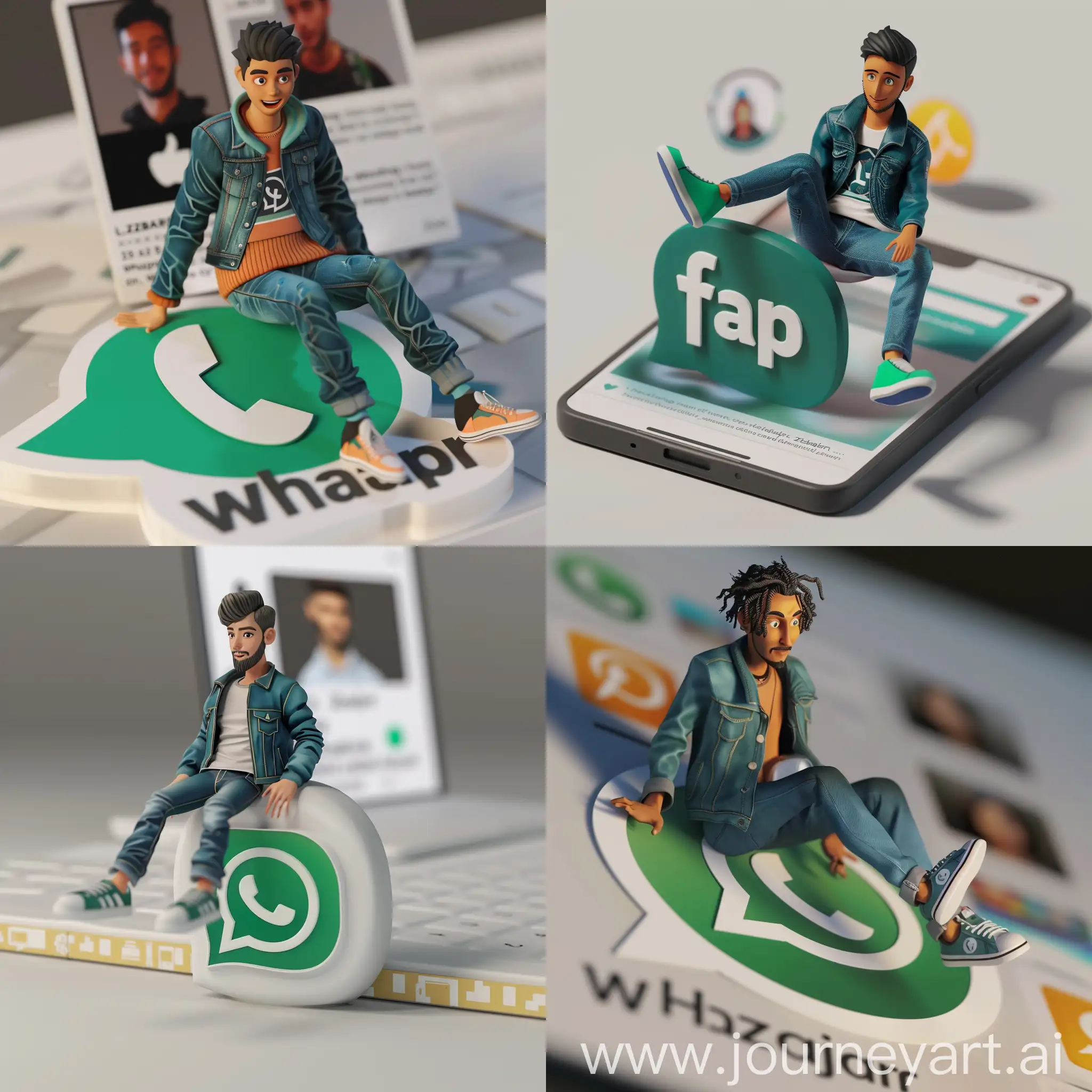 Create a 3D illustration of an animated character sitting casually on top of a social media logo "WhatsApp". The character must wear casual modern clothing such as jeans jacket and sneakers shoes. The background of the image is a social media profile page with a user name "Zubair" and a profile picture that match.