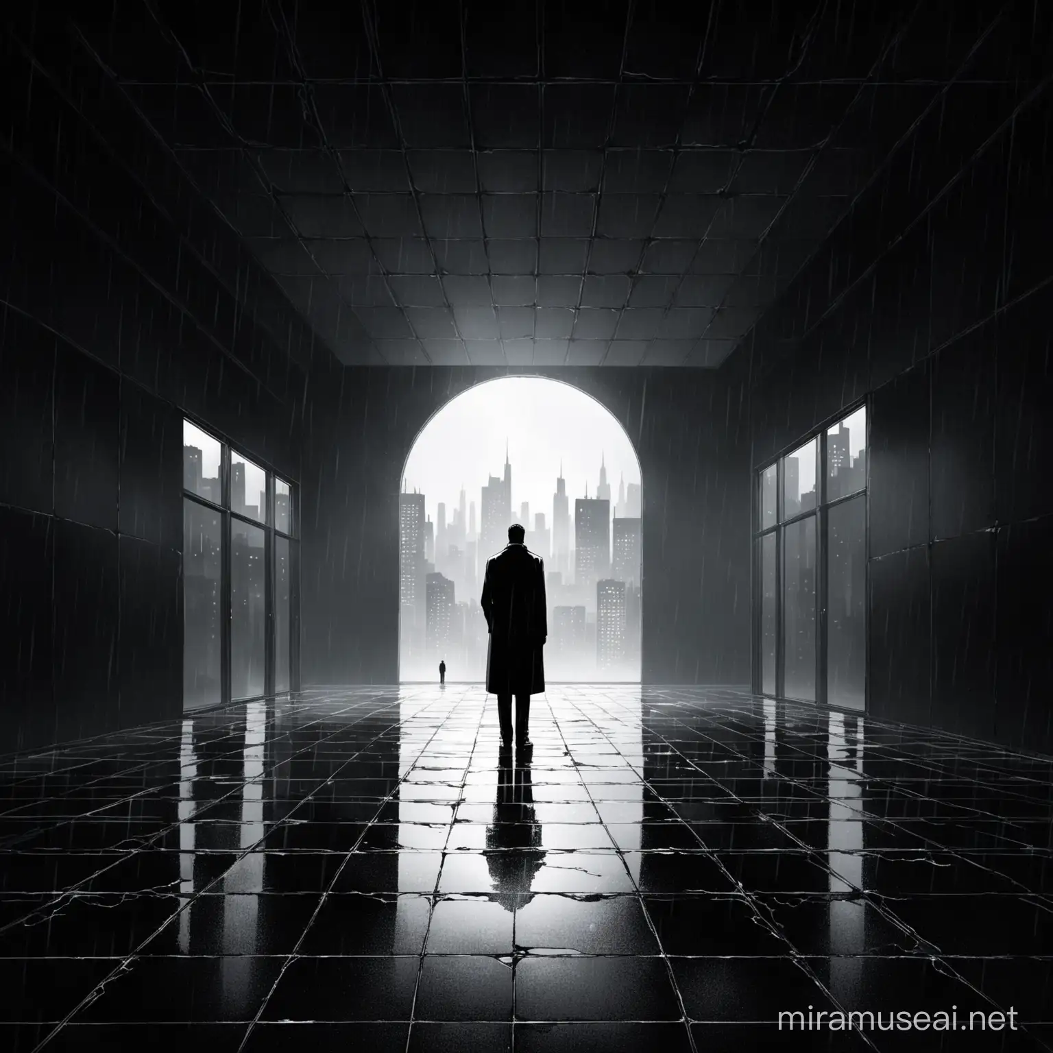  It's an empty room. A twenty something man is standing in the middle. The wall behind him is fully glazed in windows, overlooking a rainy city. That wall should be far back but centered in the composition. The man standing in the middle in a long black coat. Alone, lonely, with nothing to give. The image should be atmospheric, ethereal, smoky, black and white, stylized, a noir kind of Sin City vibe. Like comic book art. This should be album cover art. On the floor there should be a small gypsum statue of Venus, broken in 2 pieces.