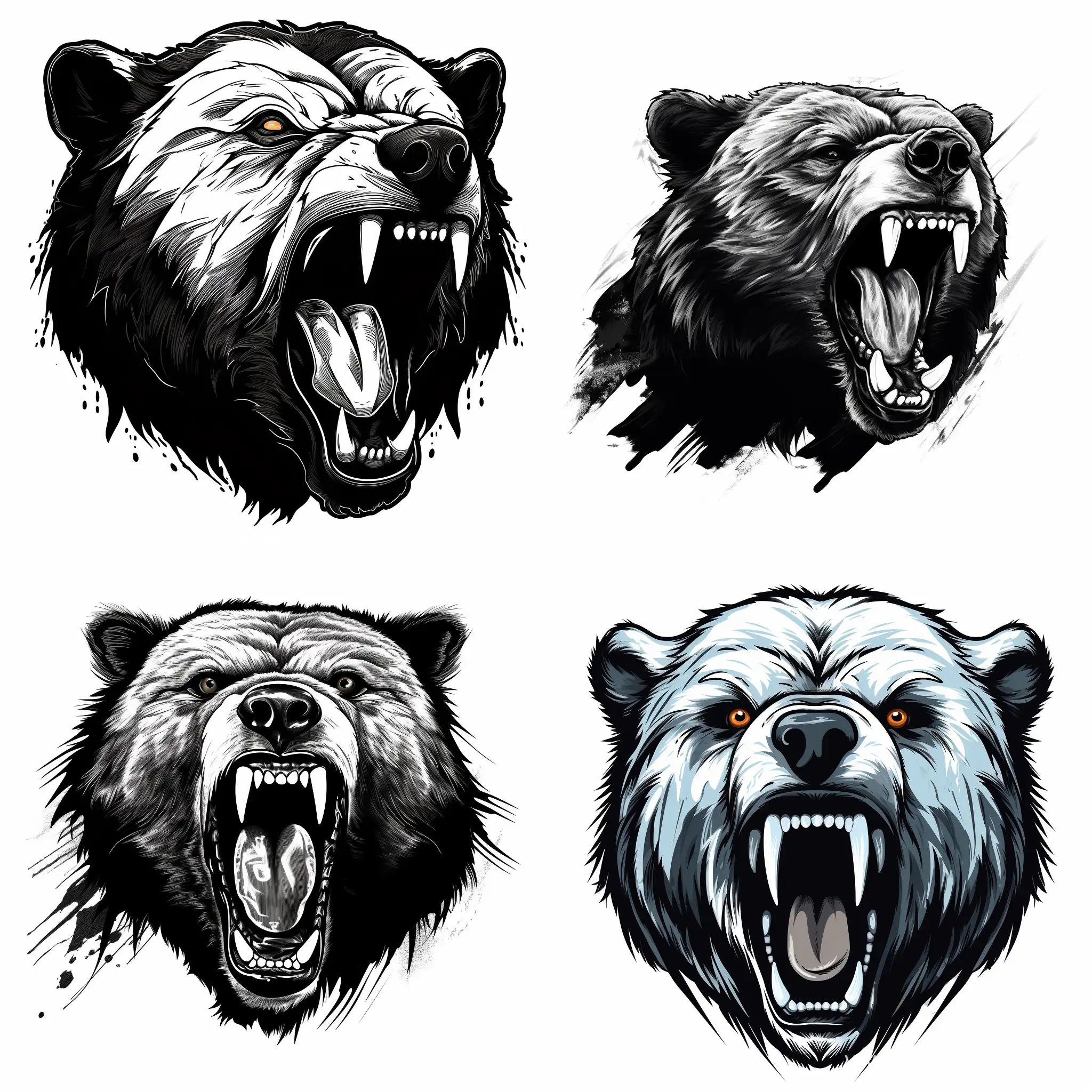 a black and white bear with its mouth open, vector art, tournament, high contrast illustration