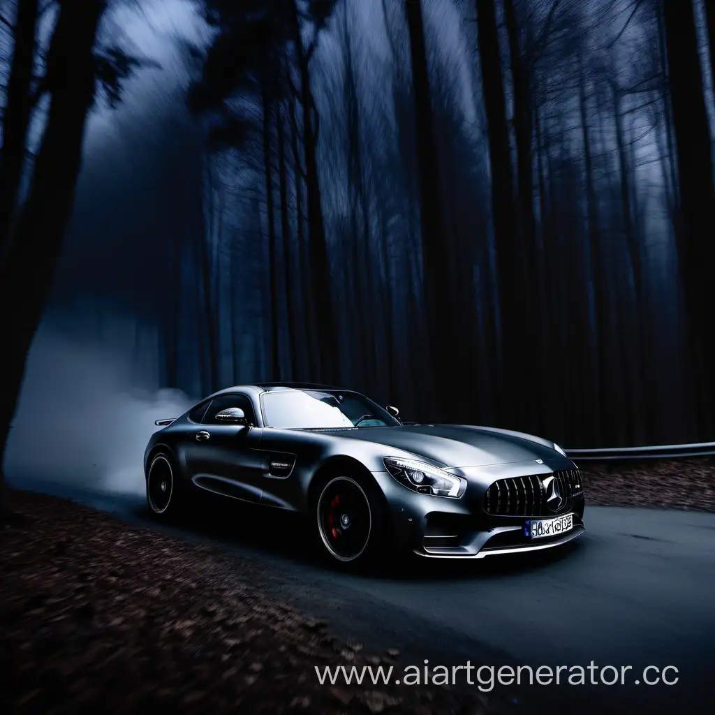 Mercedes AMG GT быстро едет в очень мрачном лесу,тёмная картина