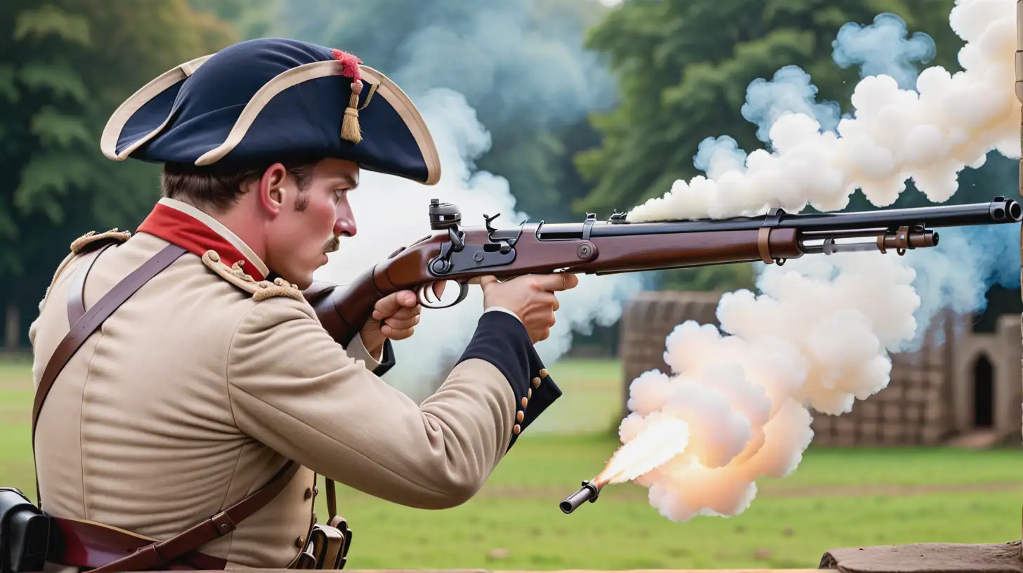 Colonial British soldier is shooting from his rifle