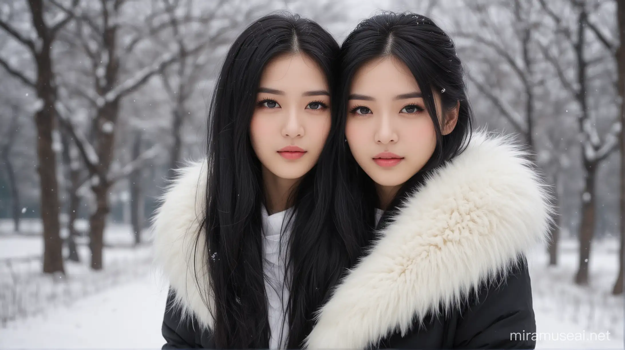Elegant Oriental Beauty in Snowstorm Woman in Long Black Down Jacket