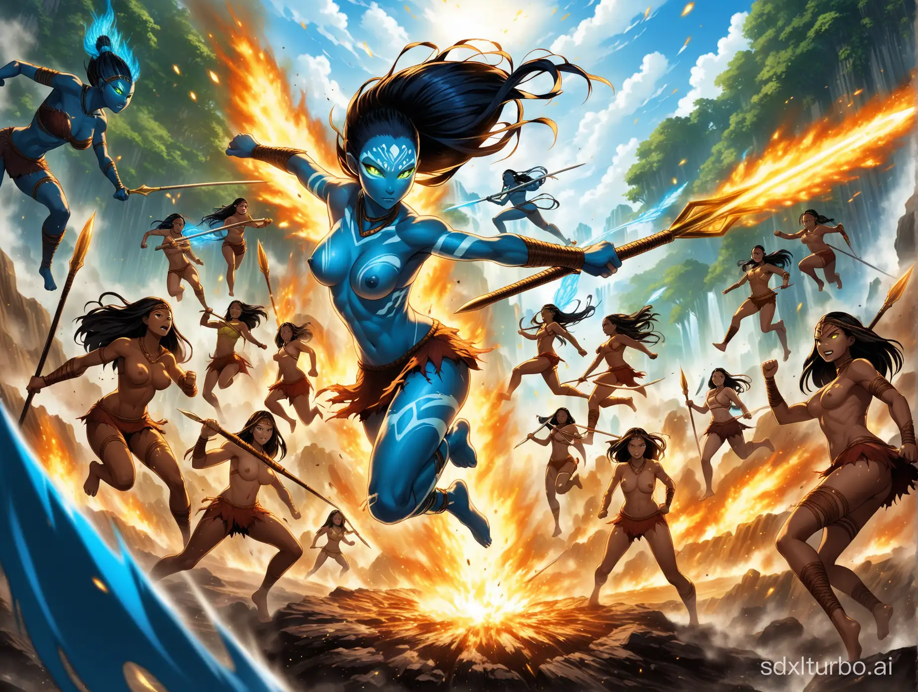 dense diverse group of blue running nude fitness model Avatar assassins with spears, leaping and kicking, in battle, burning glowing super power eyes, deep v-necks, like blue Na'Vi from Avatar movie, midriffs, torn ripped short skirts, nude naked parts showing under shredded clothes, punching, ripped and torn underwear, nipples, dirty splatter, fling, violent explosion