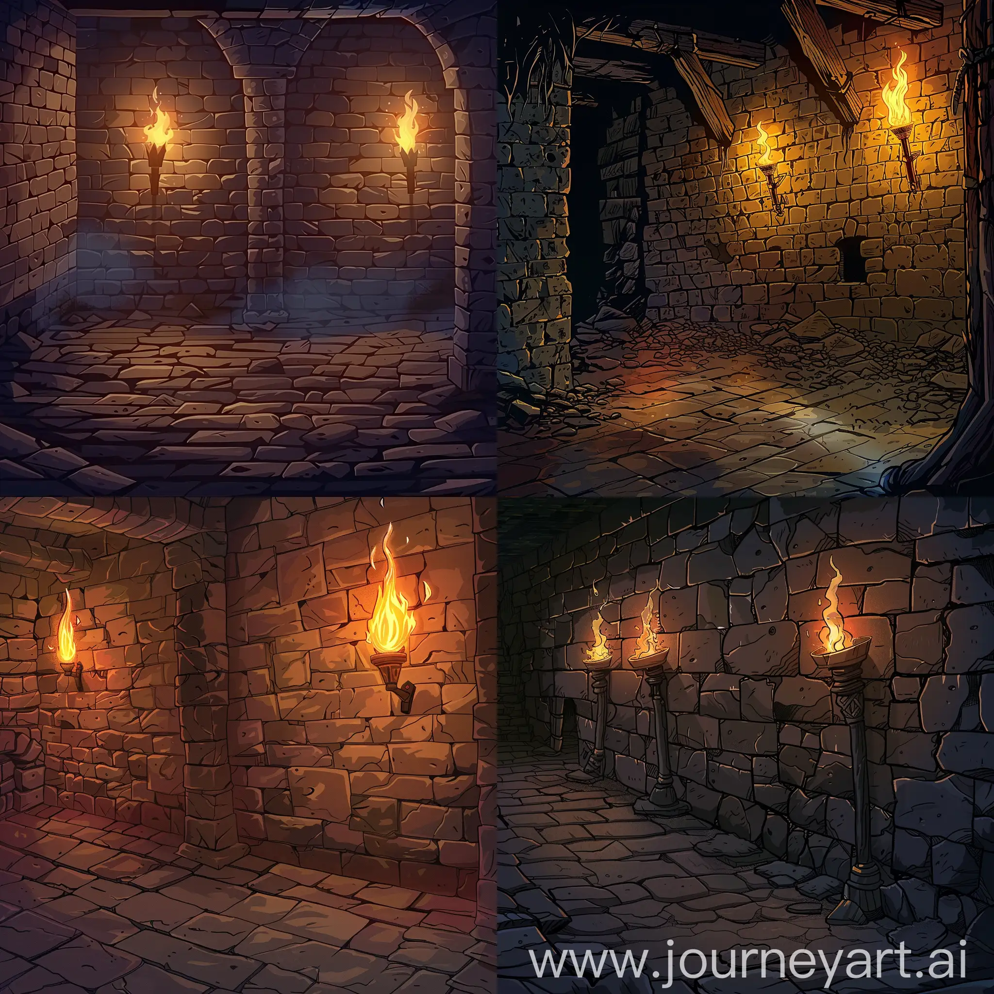 comic style dungeon, brickwork, torches on the walls