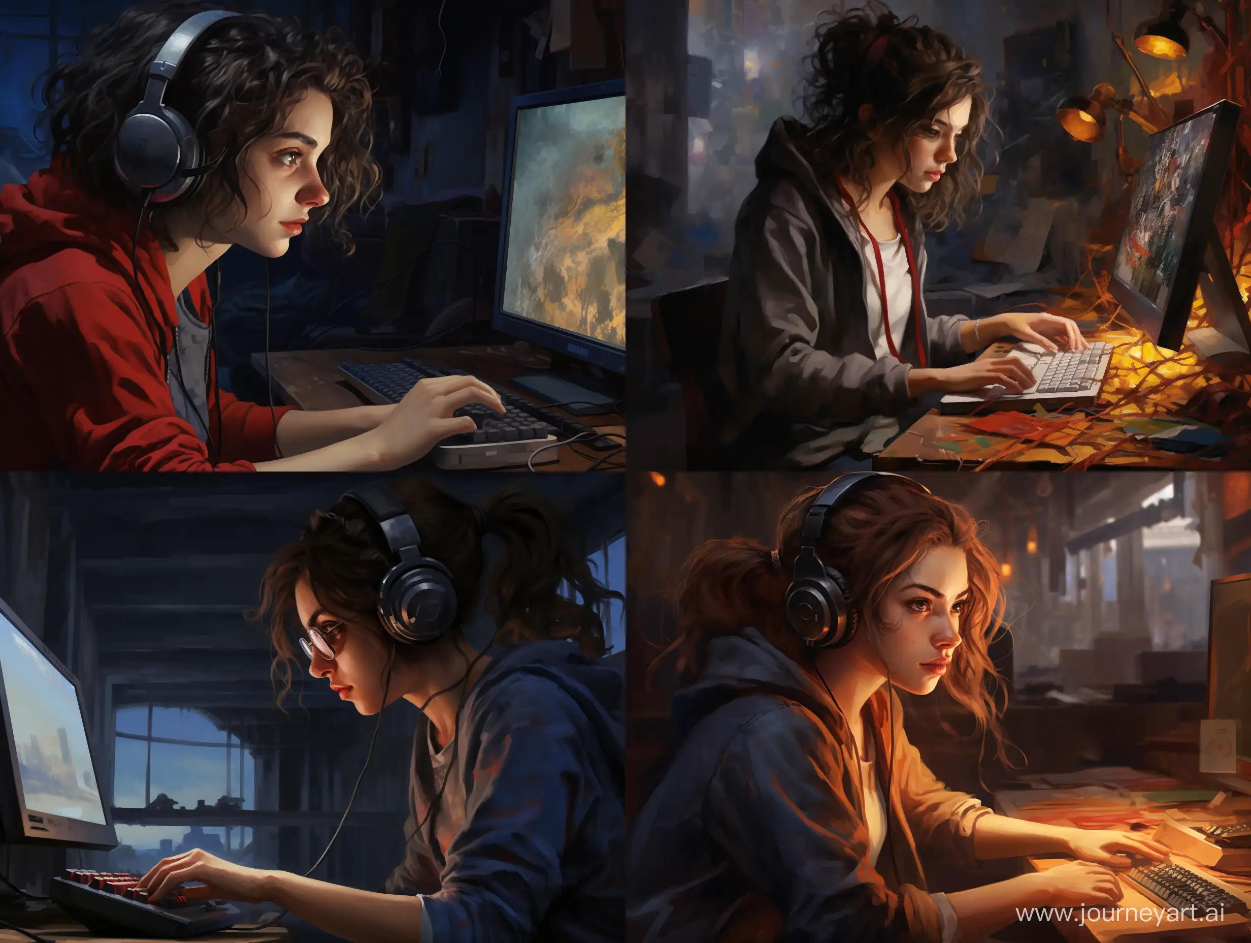 Academic-Painting-of-a-Girl-Gamer-Engrossed-in-Computer-Play