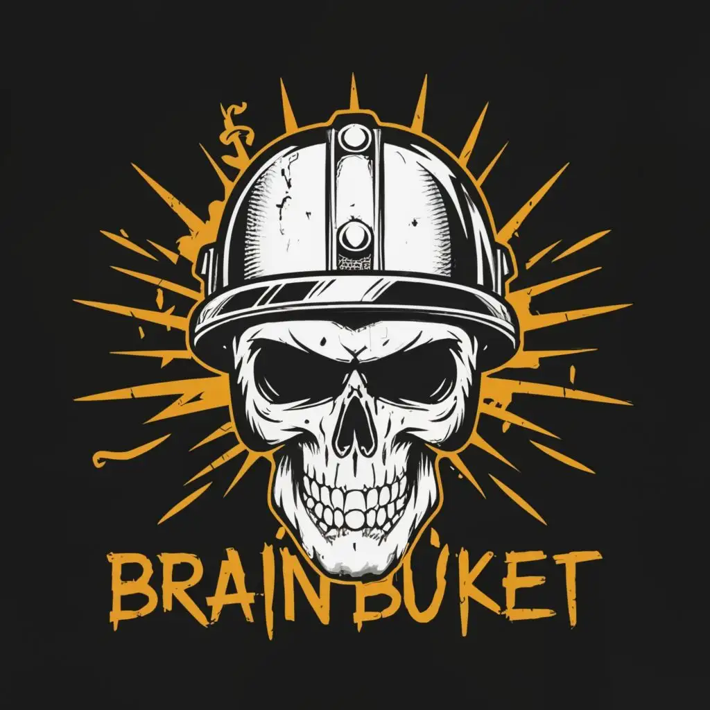 logo, SKULL WEARING A MOTORCYCLE HELMET, with the text "BRAIN BUCKET", typography