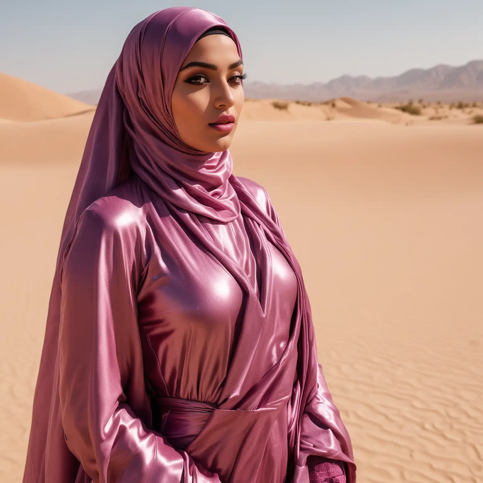 Remote luxury desert oasis. Newlywed, Fair-skinned, shy, big-breasted Niqabi Arab Muslimah in heavy gaudy bridal lipstick makeup & jewellery and 5” patent leather Louboutin heels is wearing a magenta shiny lustrous metallic chiffon bikini with a metallic niqab long, loose, drapey fabric *hides her face*.