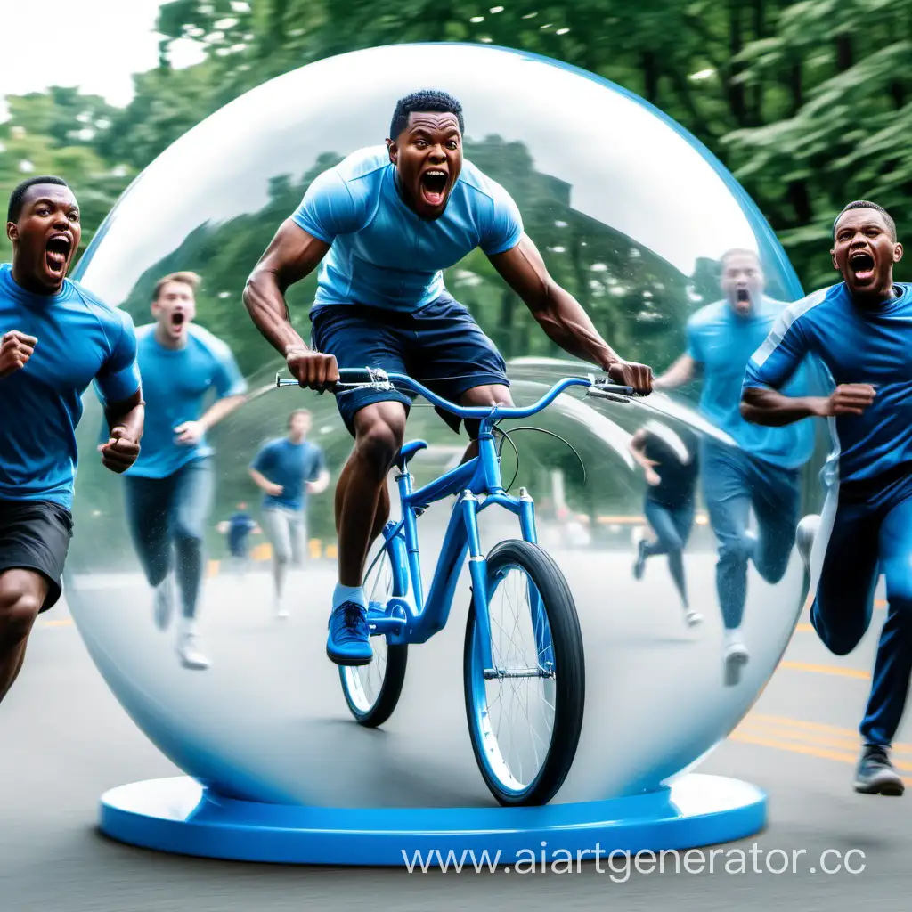 Blue bike inside a clear ball, black men yelling and running from it