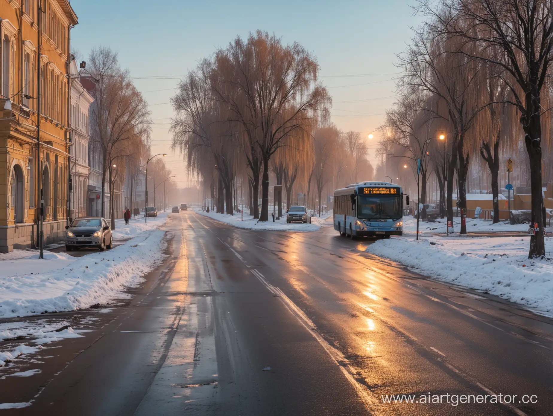 Russian-City-Street-in-Early-Winter-Morning-with-Bus-Approaching-Stop