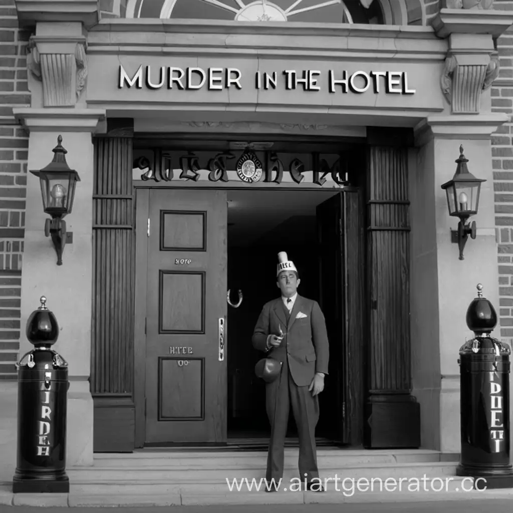 человек с трубкой и цилиндром на голове стоит перед главным входом в отель, на отеле написано, Murder in the hotel
