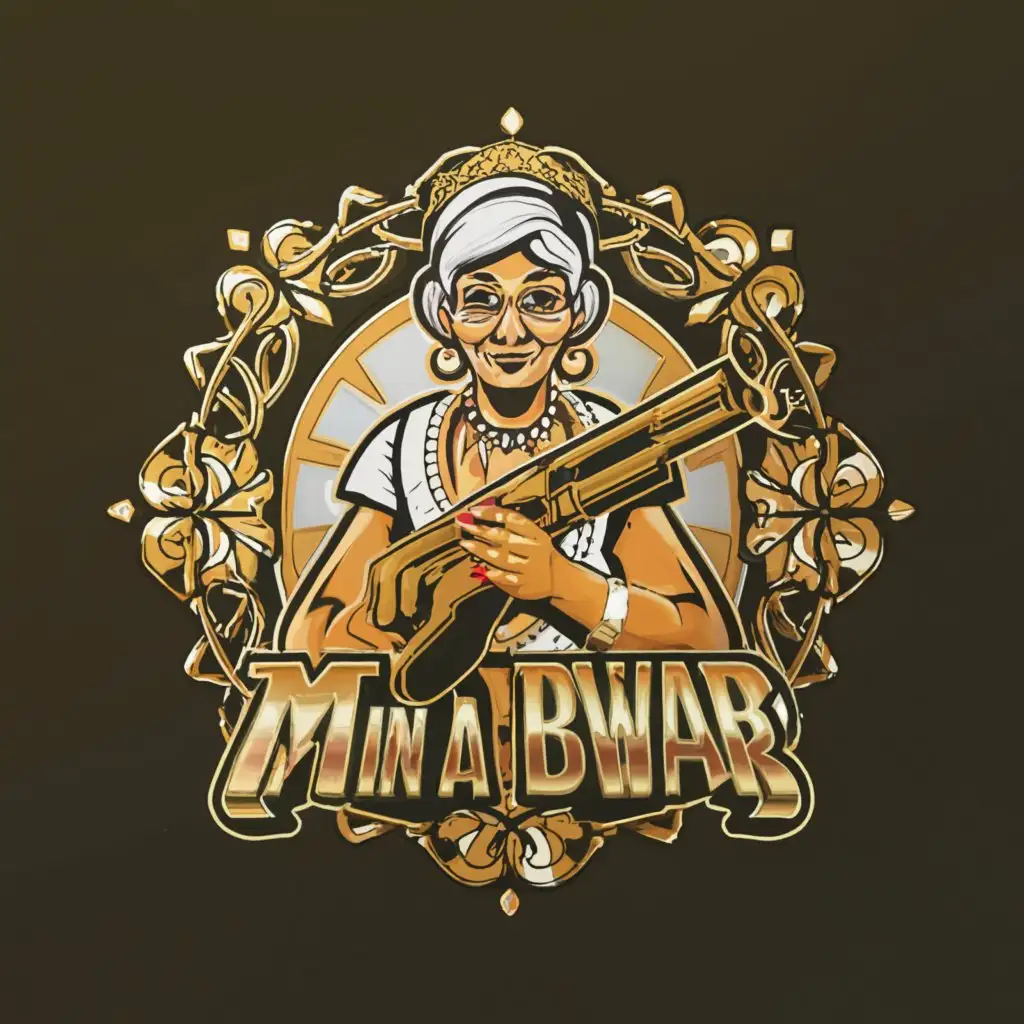 a logo design, with the text 'Min A Bwar', main symbol:Grandmother holding a matching gun, Moderate, clear background