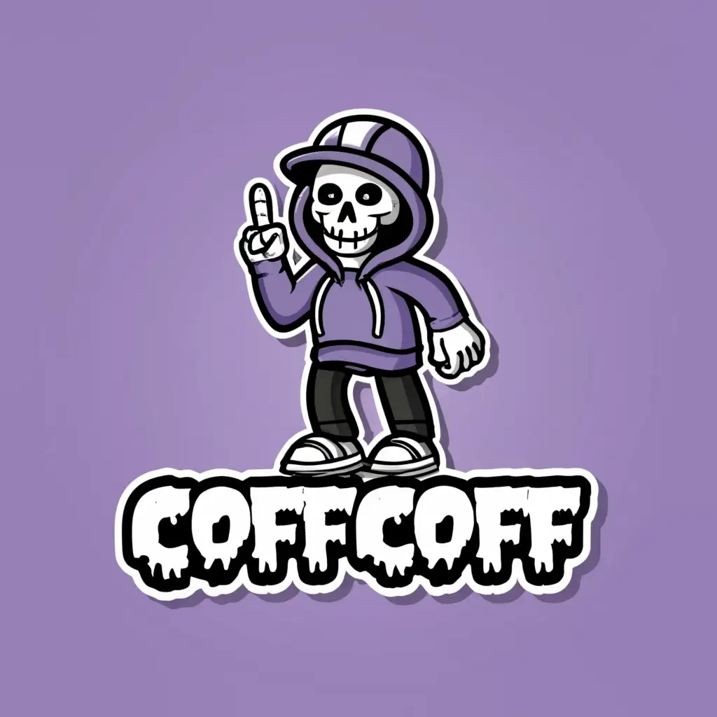 a logo design,with the text "CoffCoff", main symbol:Spooky skeleton dressed as a rapper, with a blue hoodie and gray cargo pants, his shoes are white. The logo is round and purple is in the background.,complex,be used in Internet industry,clear background