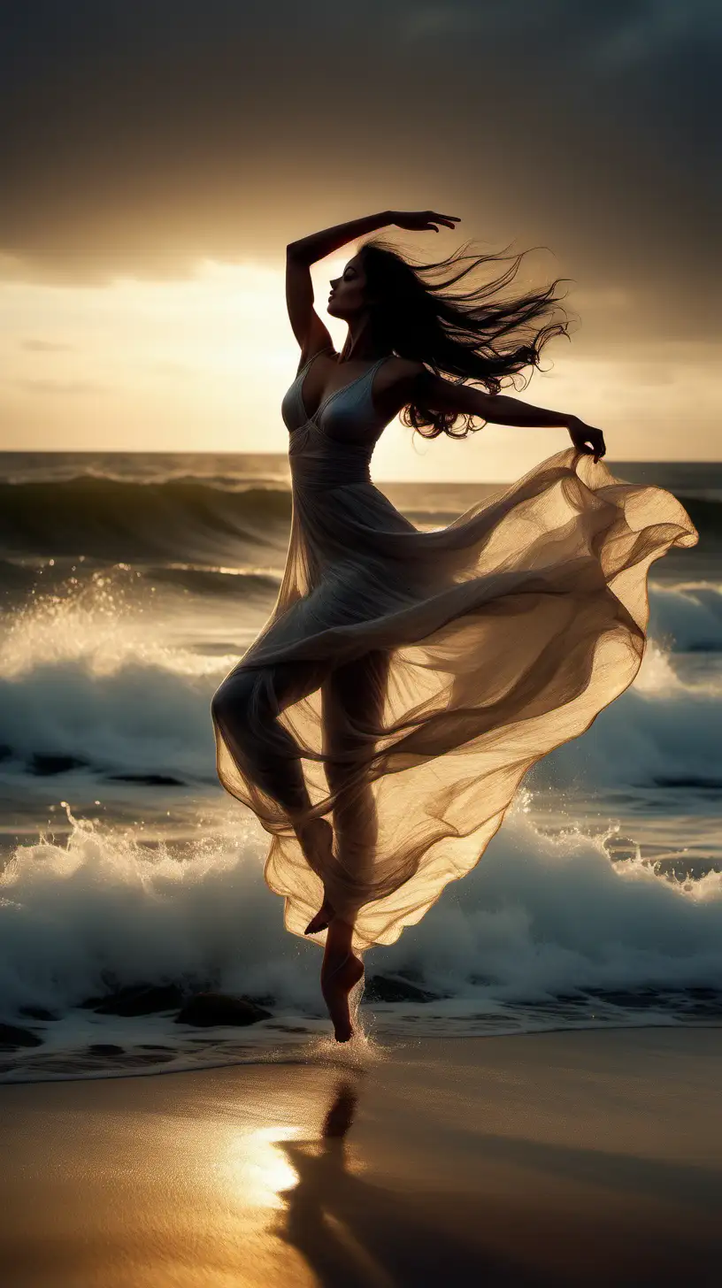 Graceful Morning Dance Woman with Luscious Dark Hair Amidst Luminous Waves