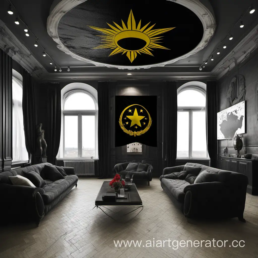 Luxurious-Penthouse-with-Russian-Empire-Flag-and-Black-Sun-Mural