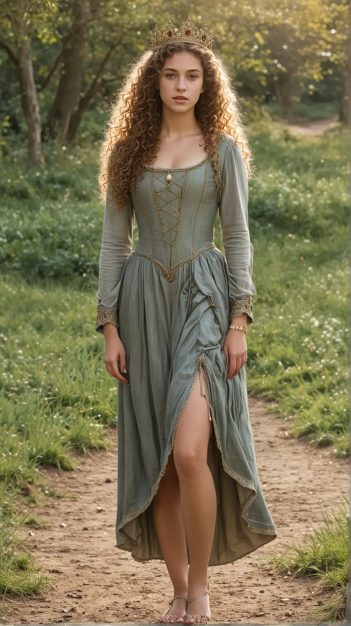 Prompt

20 year old medieval French princess, with curly hair, crown, outside, full length portrait, feet