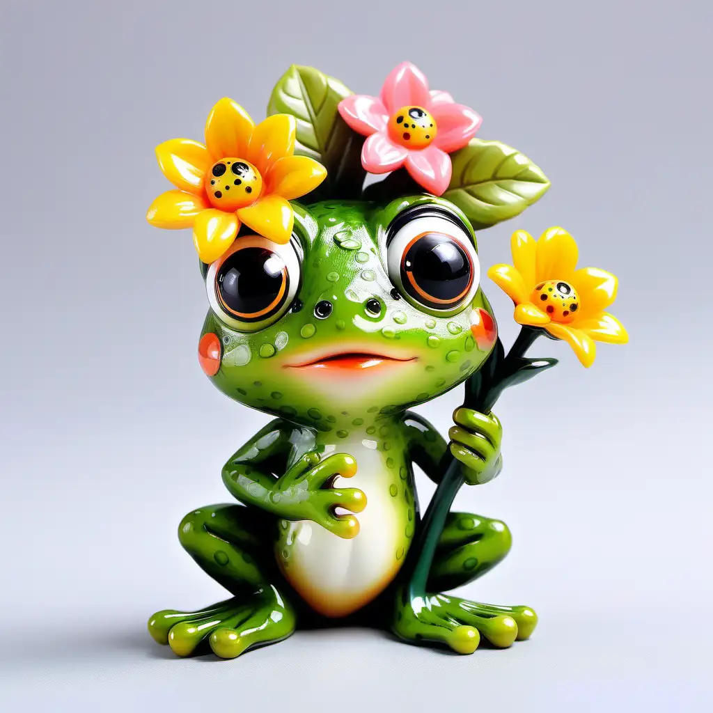 Resin Frog Holding Flowers Adorable BigEyed Amphibian Decor