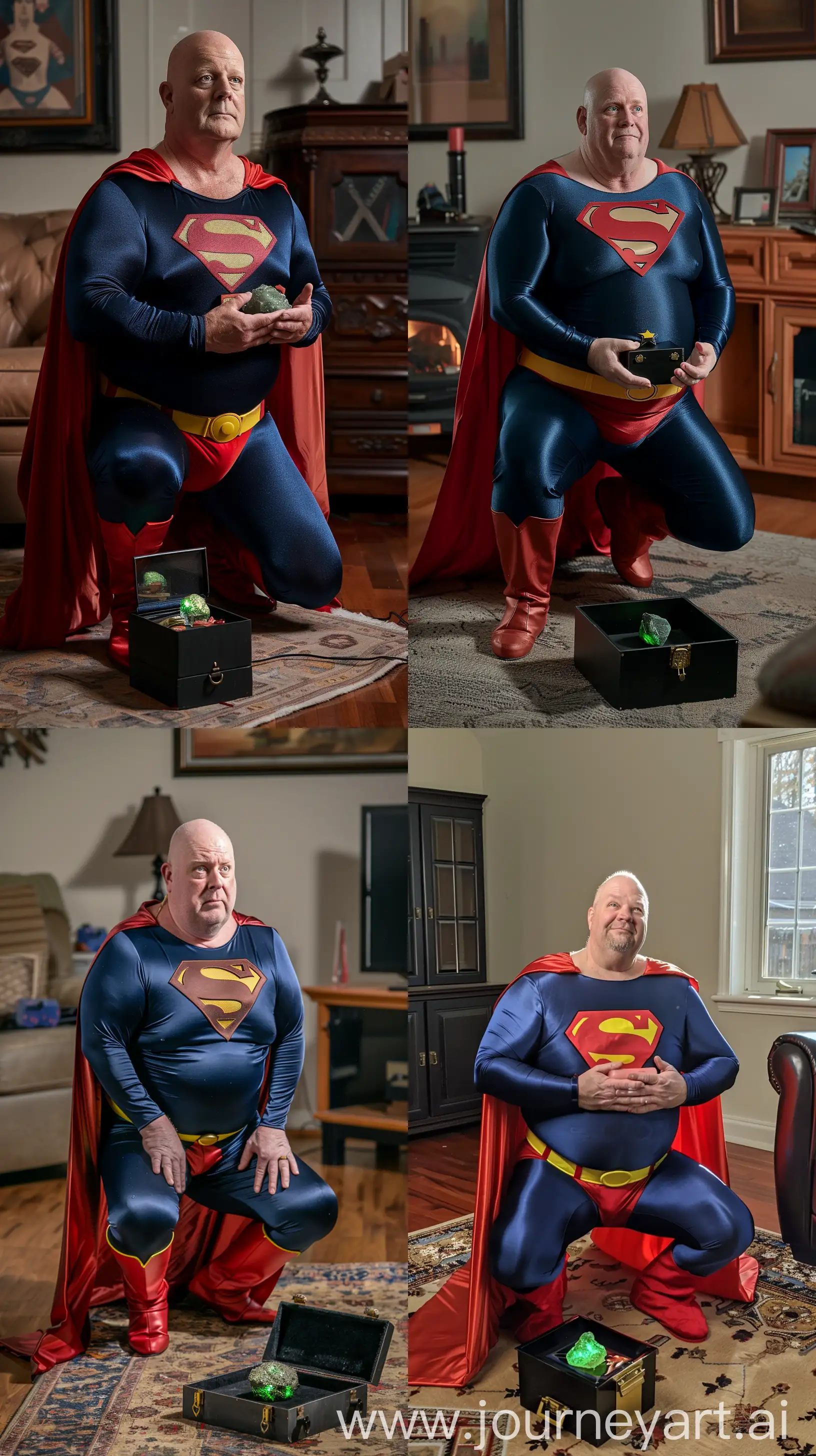 Front close-up photo of a fat man aged 60 wearing silk navy blue complete superman tight uniform with a large red cape, red trunks, yellow belt, red boots. Kneeling in front of an opened small black metal box containing a small green glowing rock. Inside a living room. Bald. Clean Shaven. Natural light. --ar 9:16