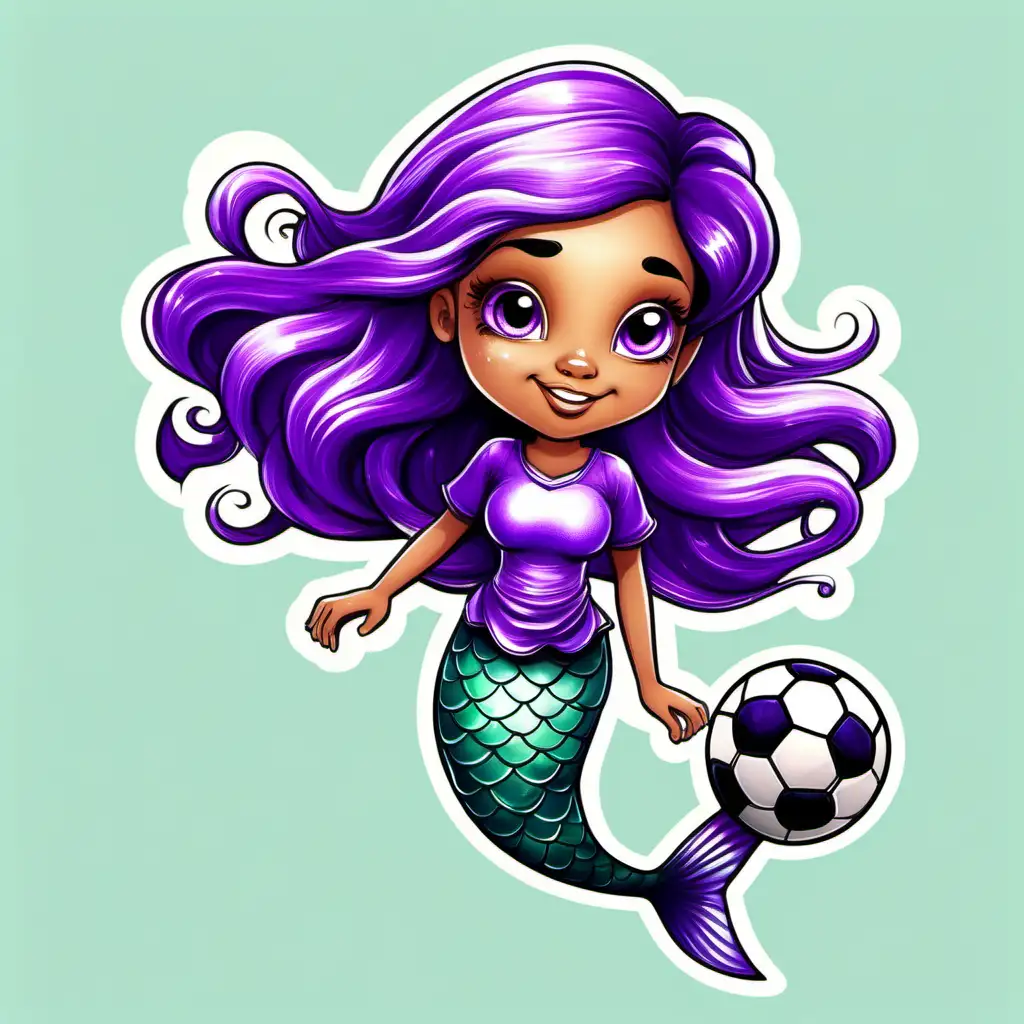 cartoon style character, whimsical young mermaid, purple, soccer, transparent background