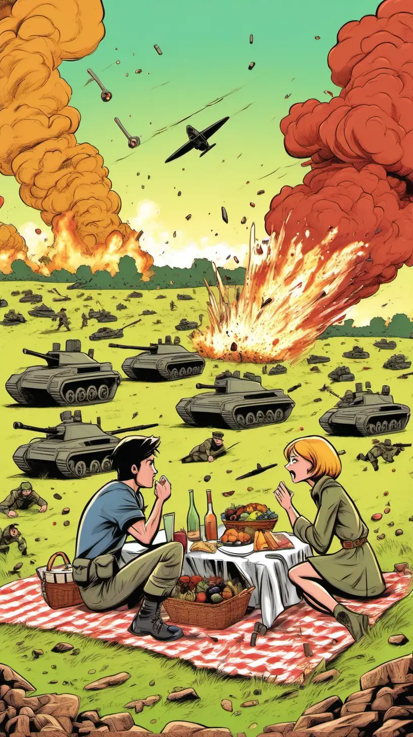 color cartoony. A young man and woman have a picnic in the middle of a battlefield with soldiers and explosions