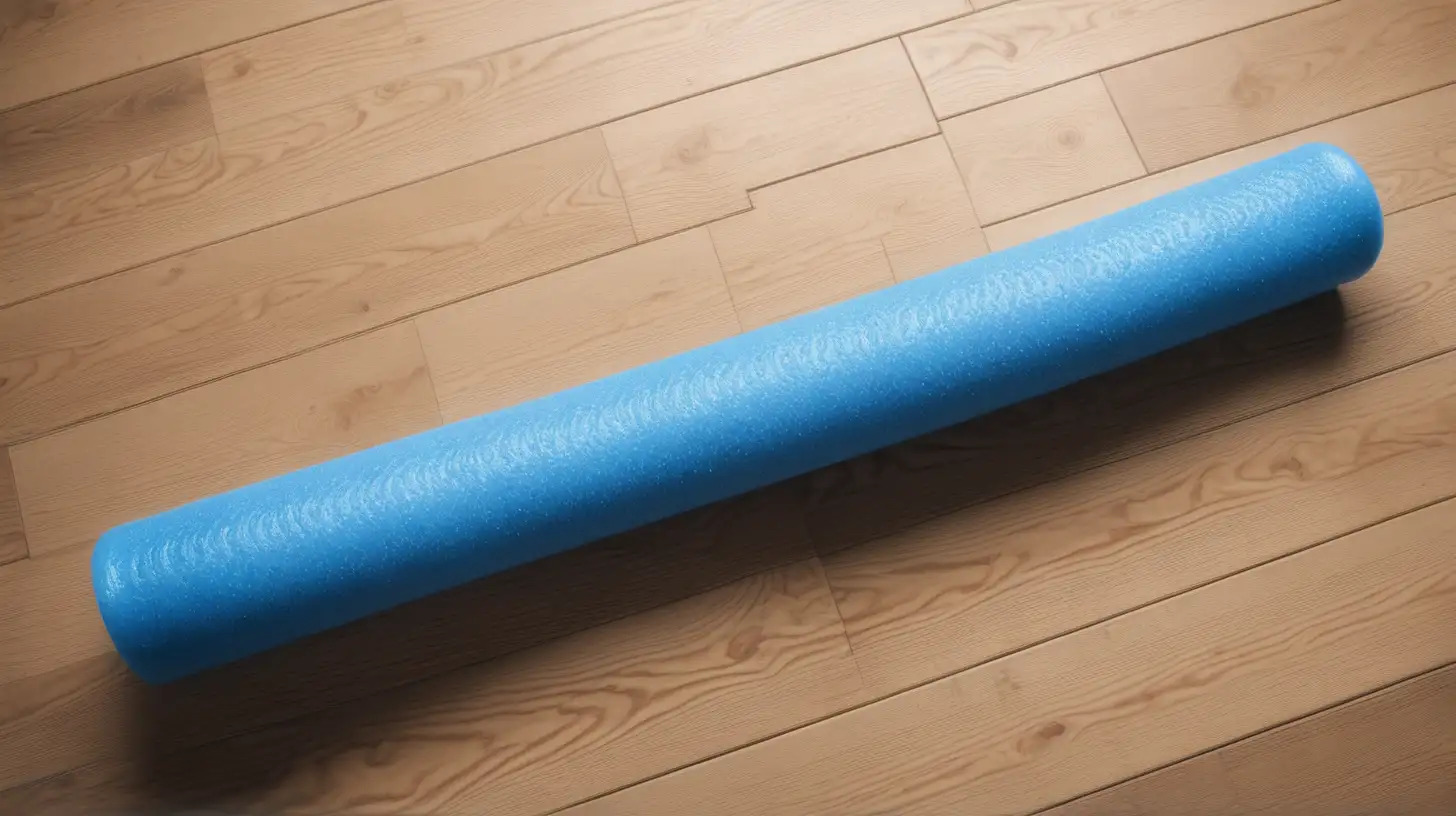 blue pool noodle on wood floor, top view.  Extreme close up, clearer and brighter.